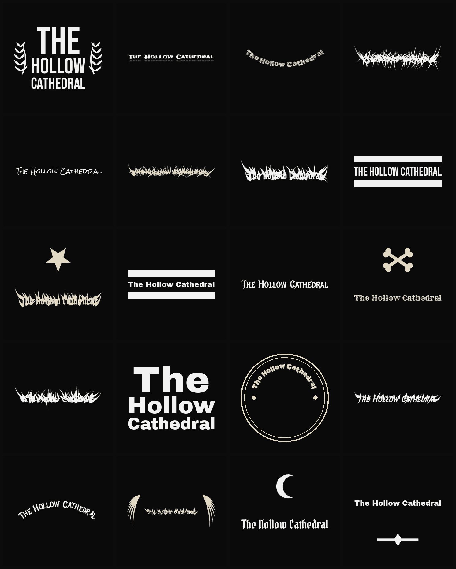 Twenty The Hollow Cathedral band logo ideas — different faces, treatments and spike settings