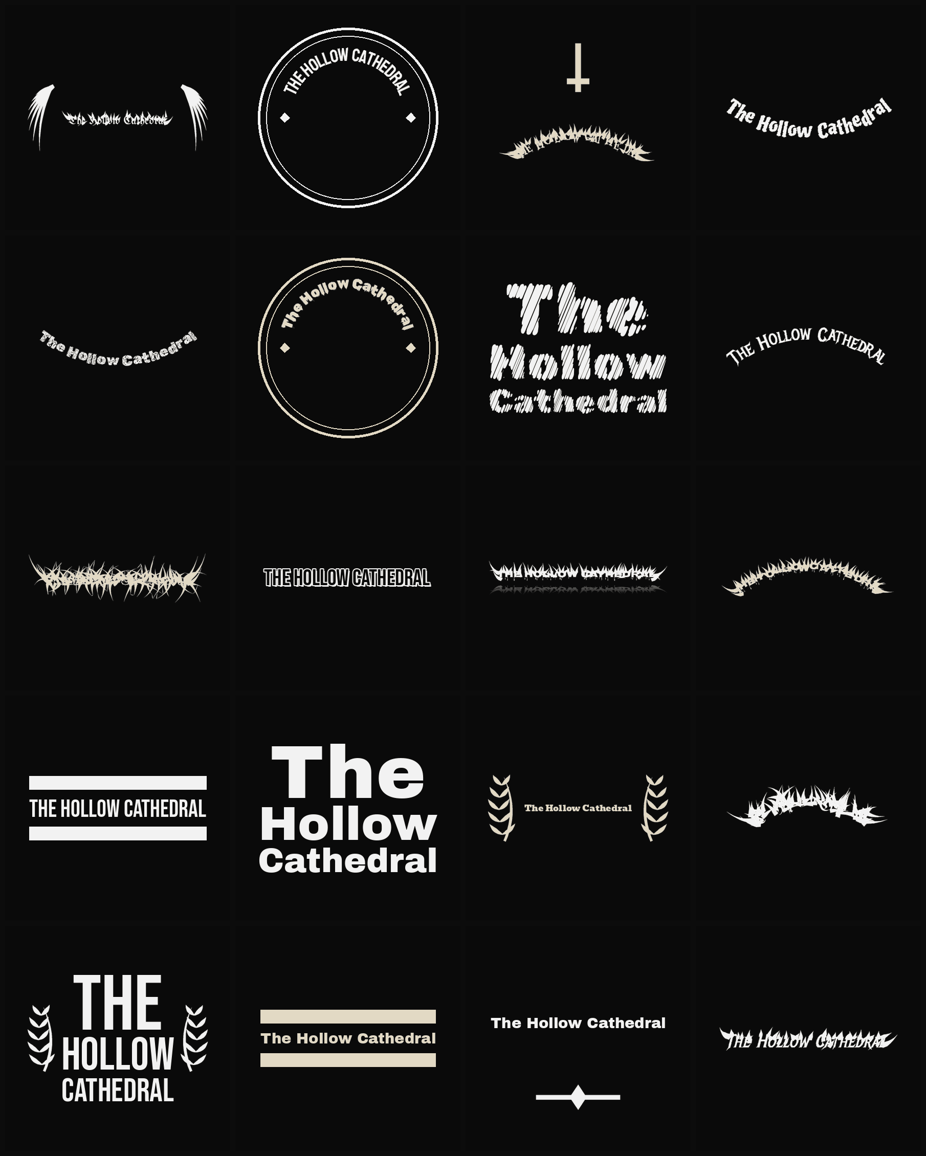 Twenty The Hollow Cathedral band logo ideas — different faces, treatments and spike settings