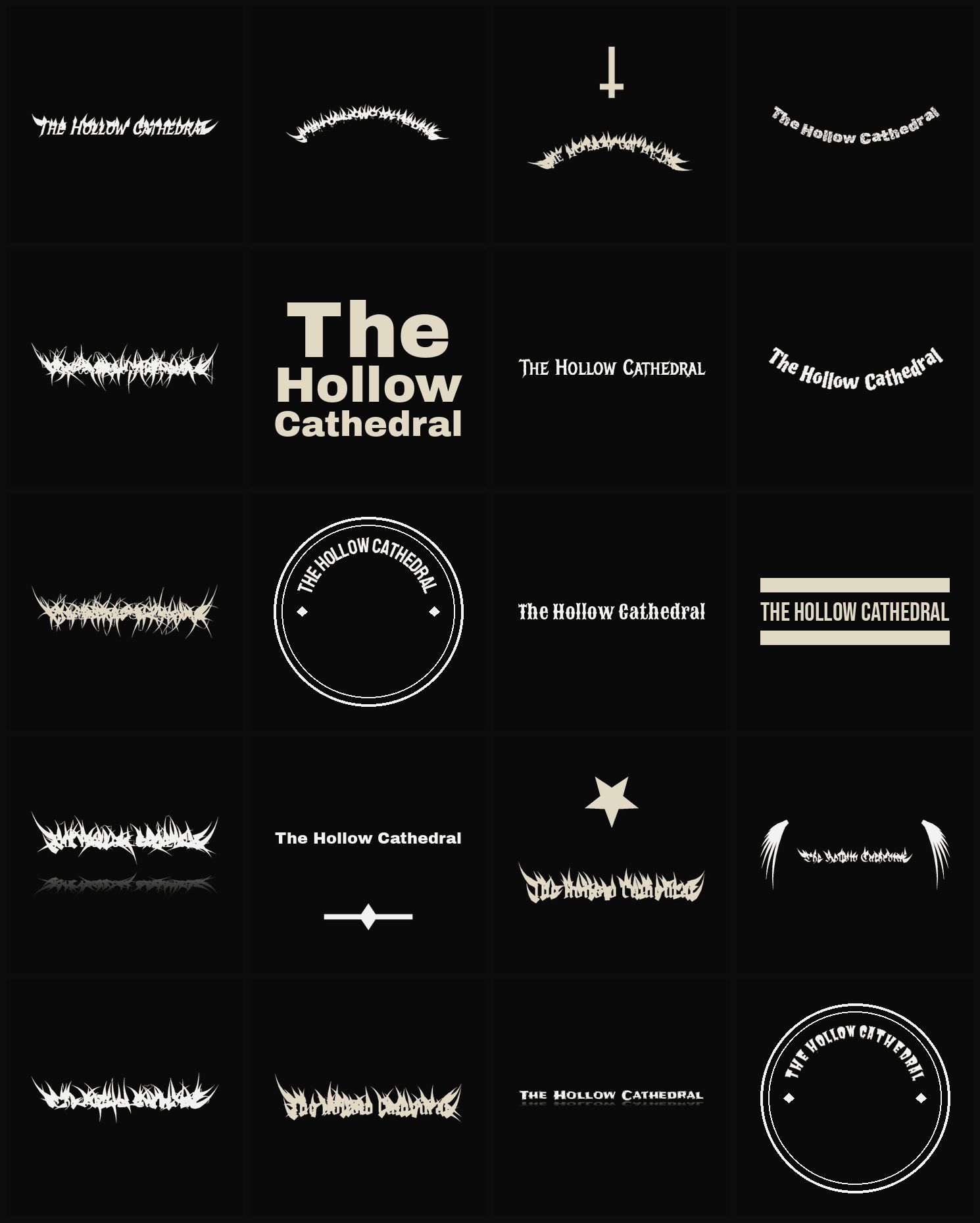Twenty The Hollow Cathedral band logo ideas — different faces, treatments and spike settings