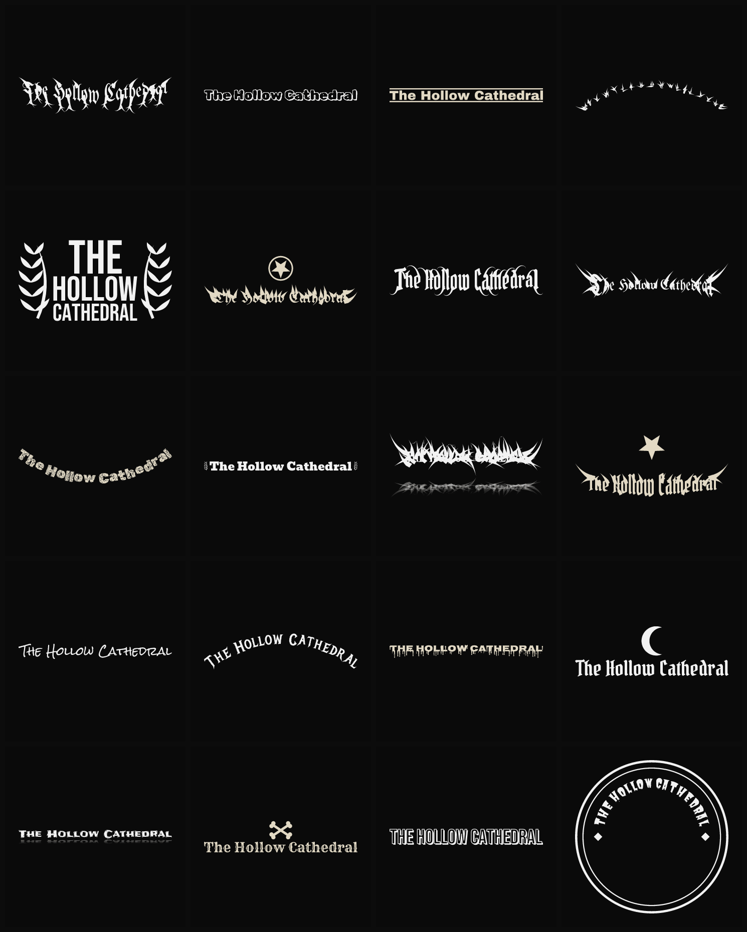 Twenty The Hollow Cathedral band logo ideas — different faces, treatments and spike settings