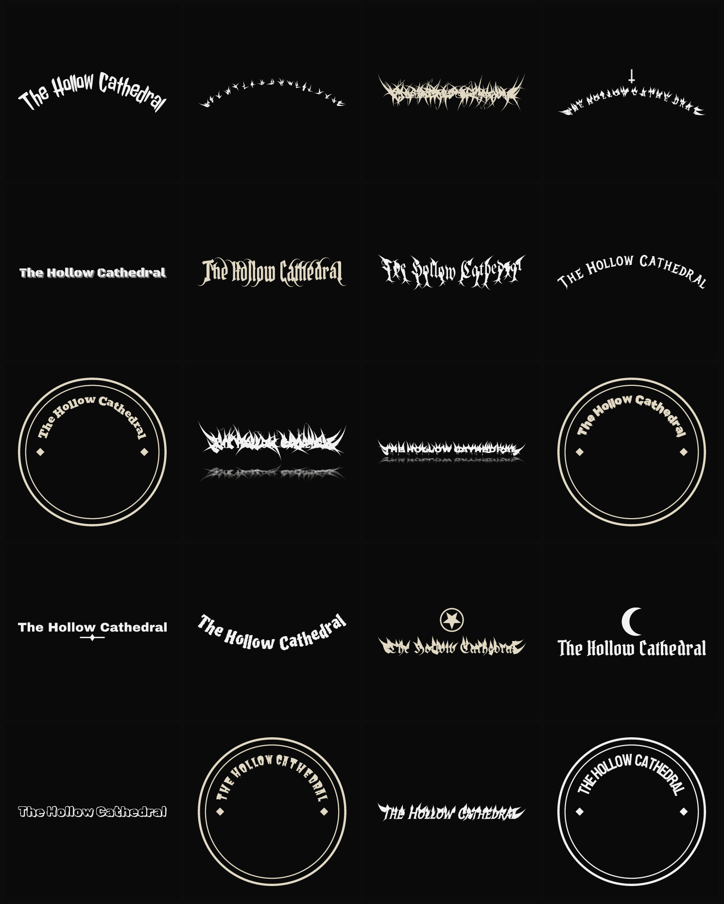 Twenty The Hollow Cathedral band logo ideas — different faces, treatments and spike settings