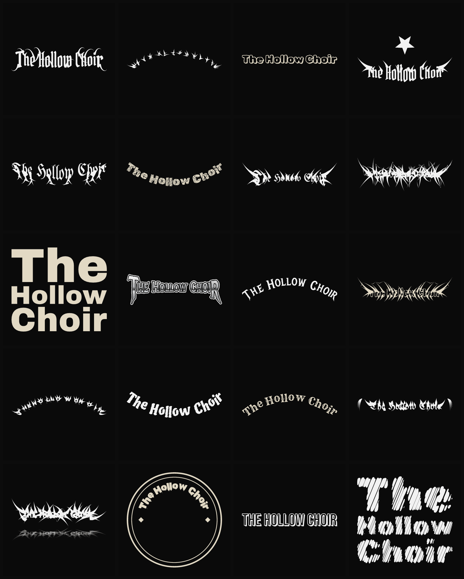 Twenty The Hollow Choir band logo ideas — different faces, treatments and spike settings