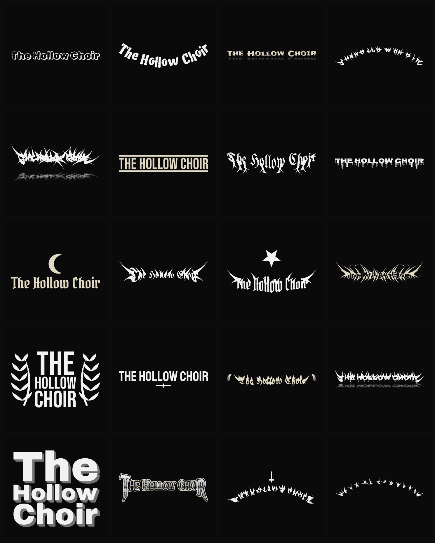 Twenty The Hollow Choir band logo ideas — different faces, treatments and spike settings