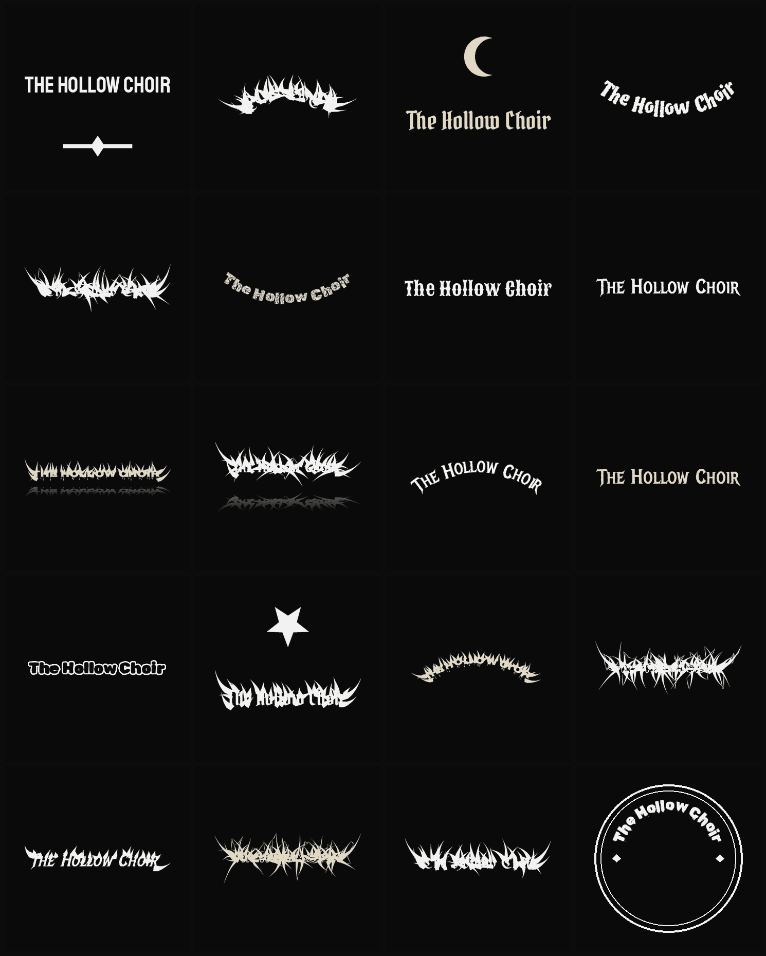 Twenty The Hollow Choir band logo ideas — different faces, treatments and spike settings