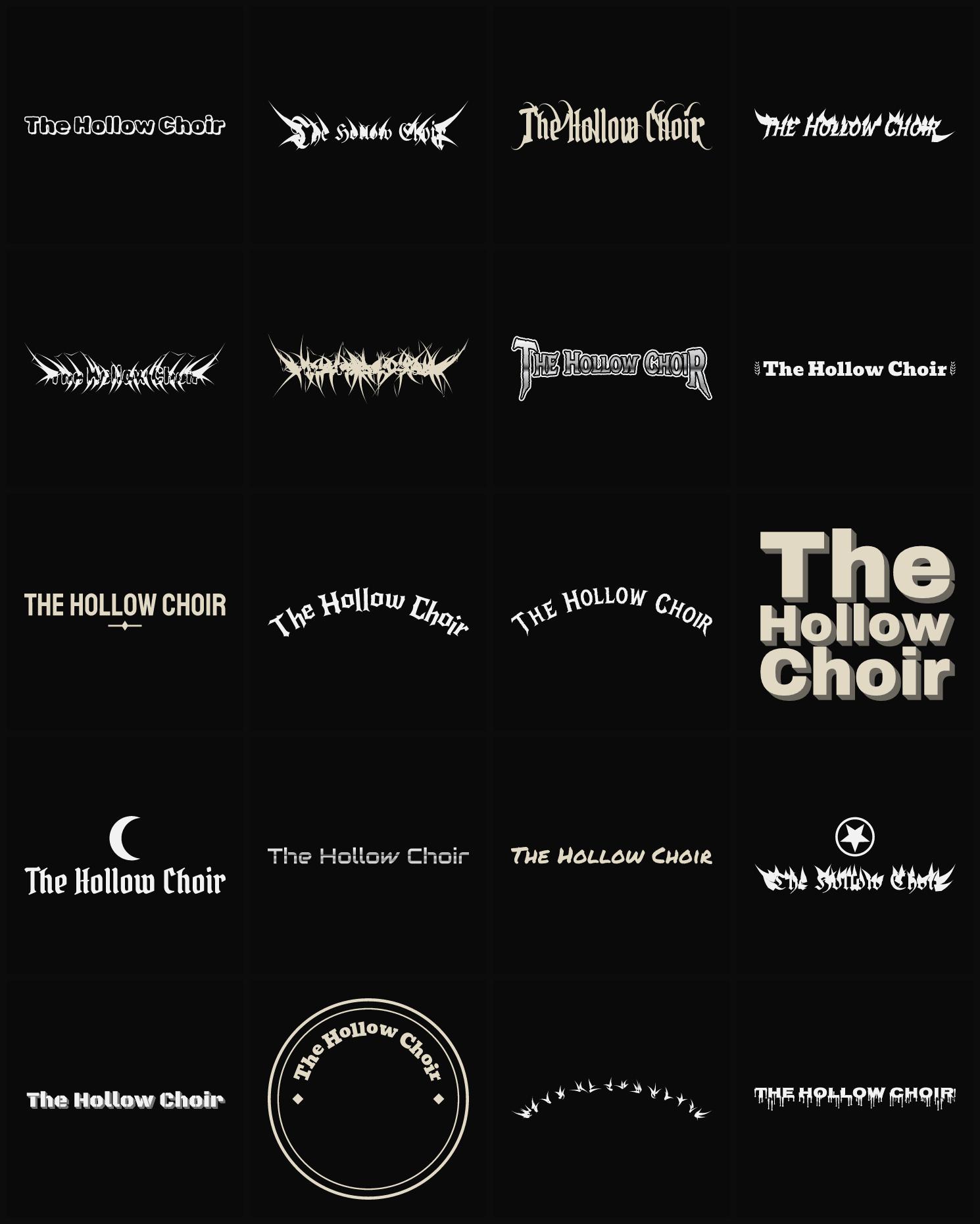 Twenty The Hollow Choir band logo ideas — different faces, treatments and spike settings