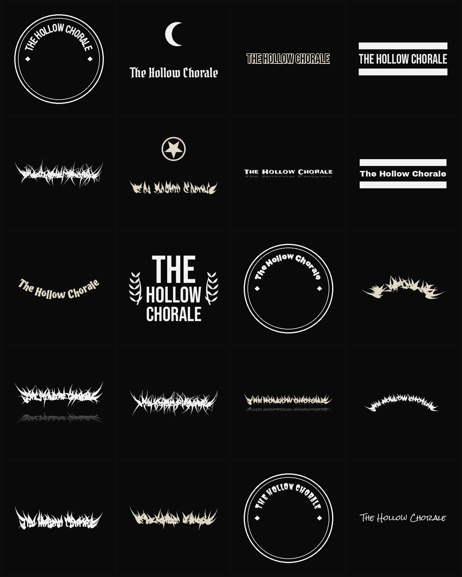 Twenty The Hollow Chorale band logo ideas — different faces, treatments and spike settings