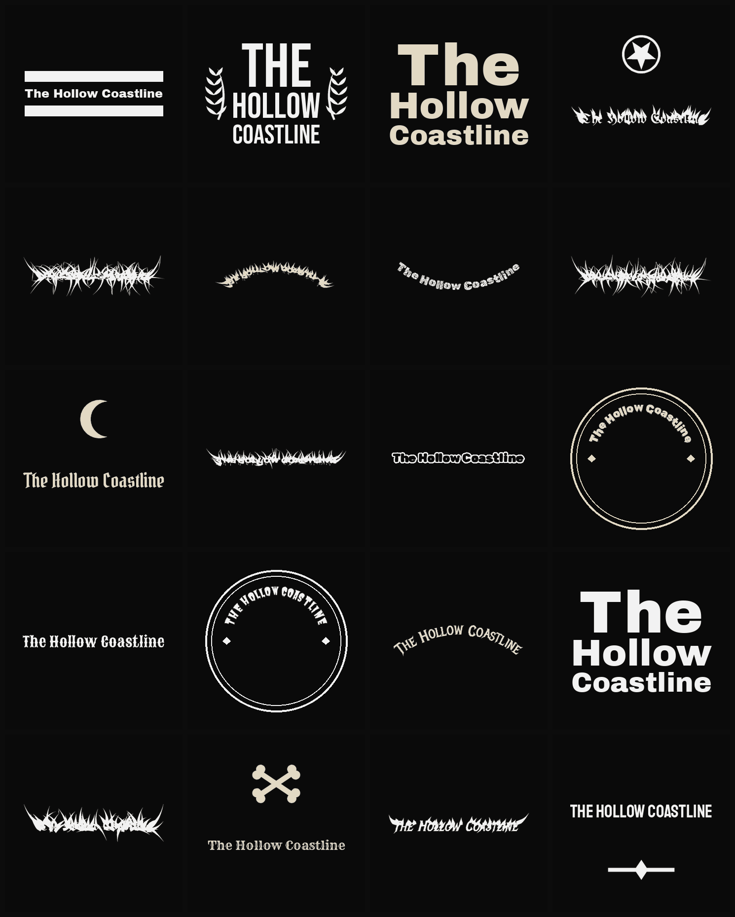 Twenty The Hollow Coastline band logo ideas — different faces, treatments and spike settings