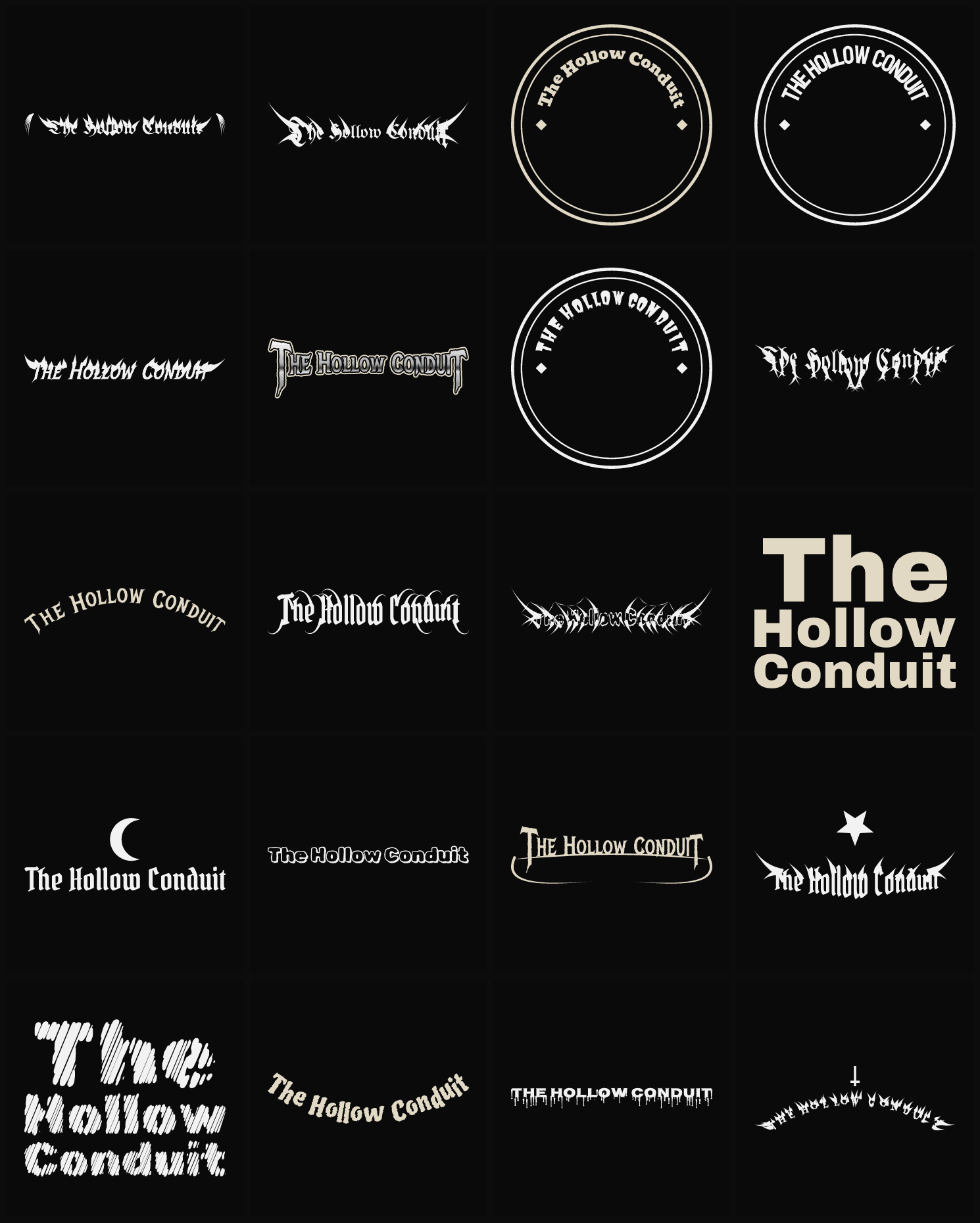 Twenty The Hollow Conduit band logo ideas — different faces, treatments and spike settings