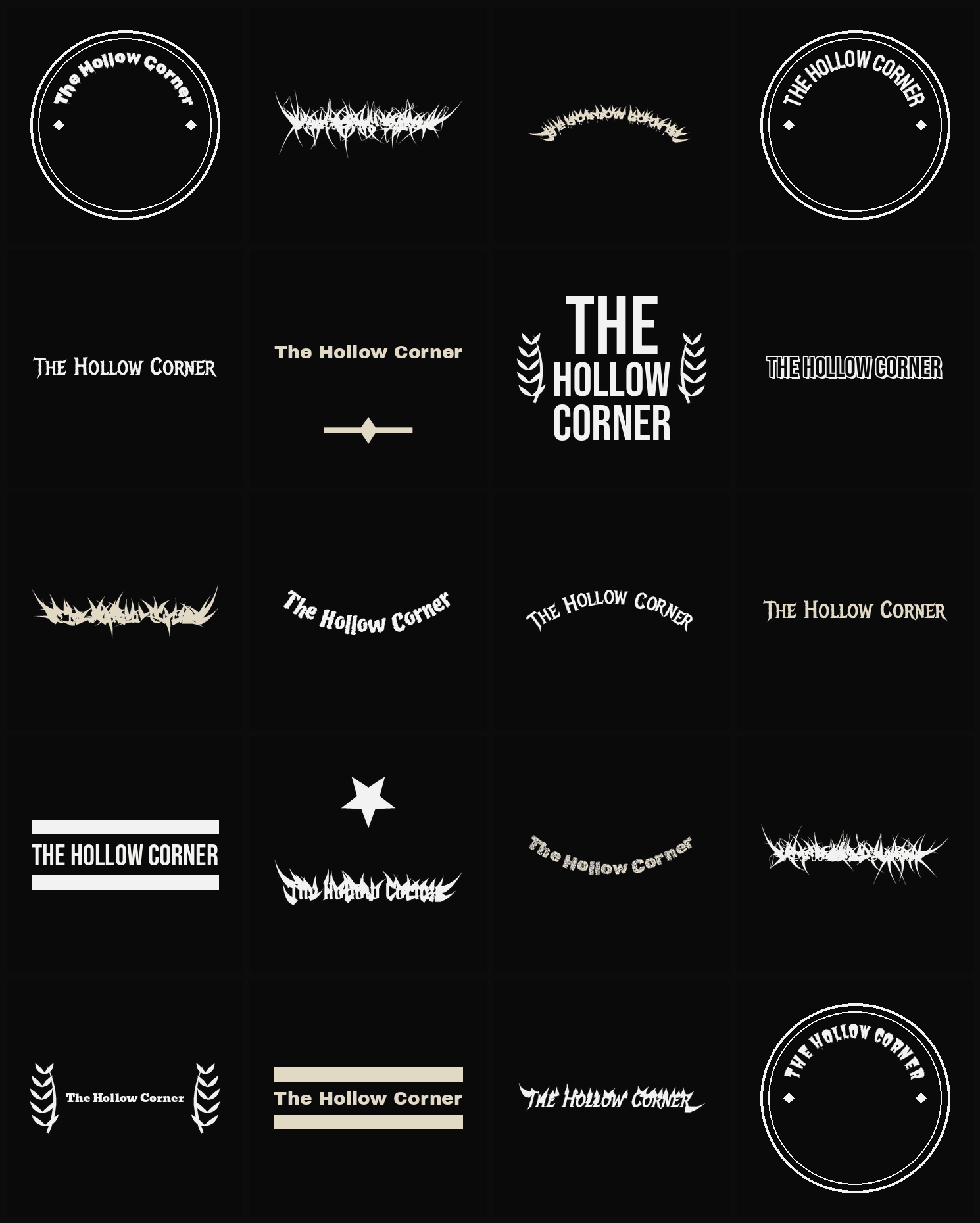Twenty The Hollow Corner band logo ideas — different faces, treatments and spike settings