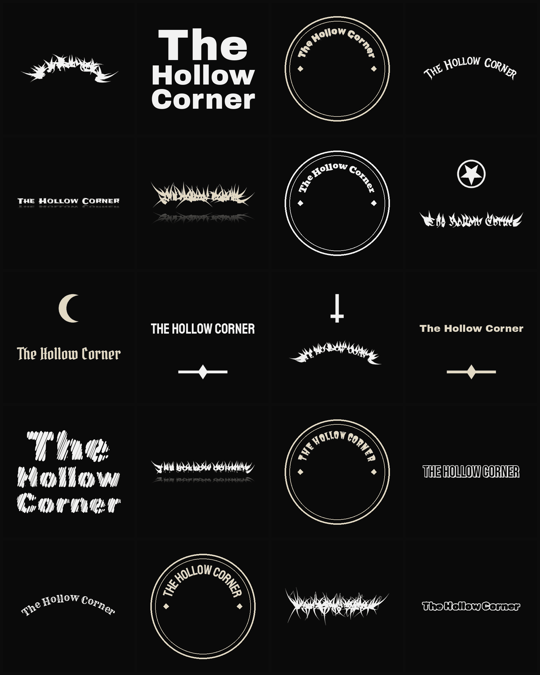 Twenty The Hollow Corner band logo ideas — different faces, treatments and spike settings