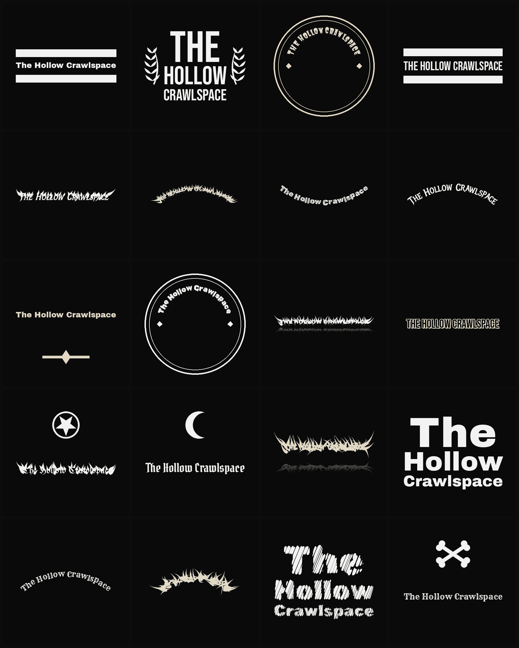 Twenty The Hollow Crawlspace band logo ideas — different faces, treatments and spike settings