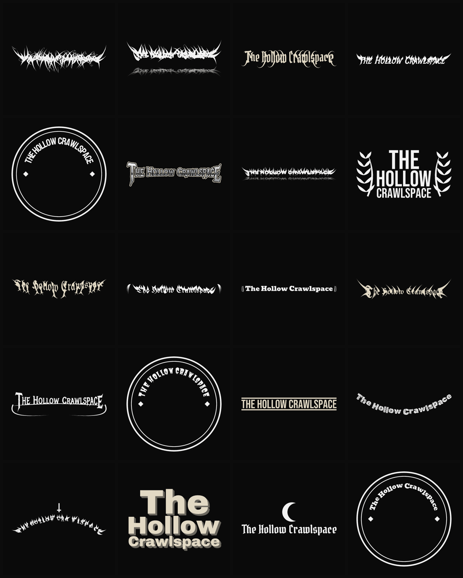 Twenty The Hollow Crawlspace band logo ideas — different faces, treatments and spike settings