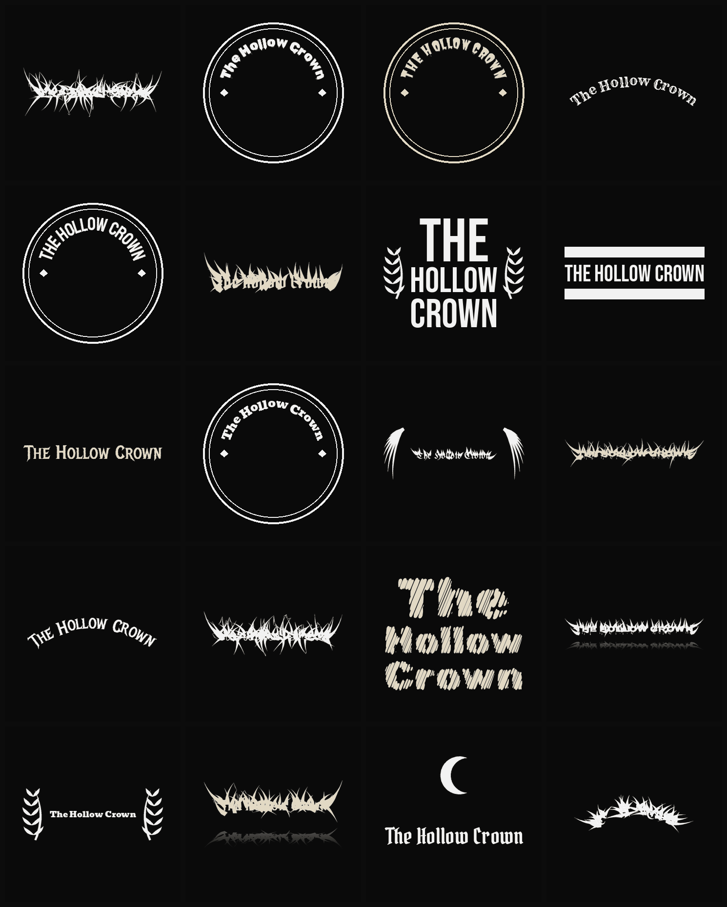 Twenty The Hollow Crown band logo ideas — different faces, treatments and spike settings