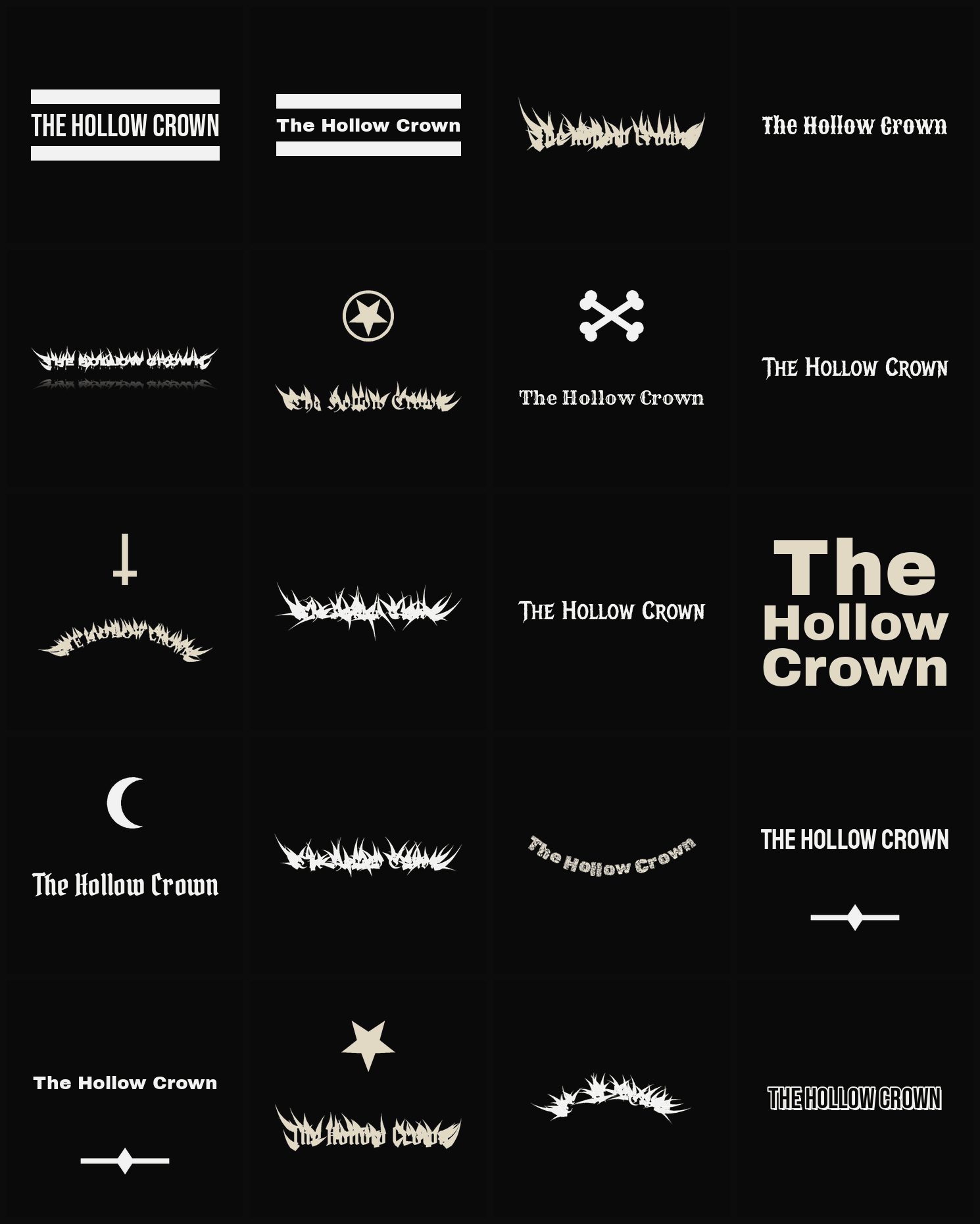 Twenty The Hollow Crown band logo ideas — different faces, treatments and spike settings