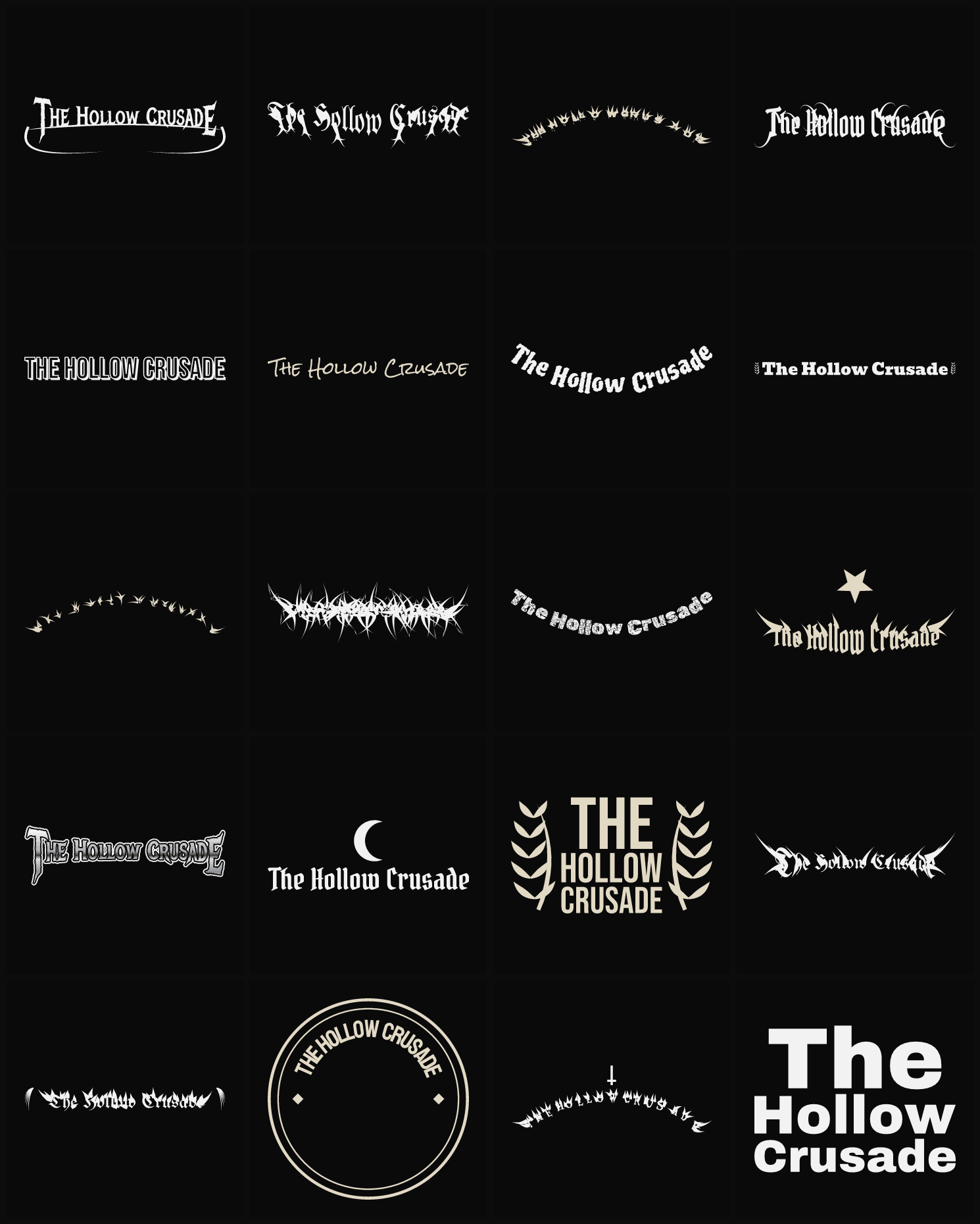 Twenty The Hollow Crusade band logo ideas — different faces, treatments and spike settings
