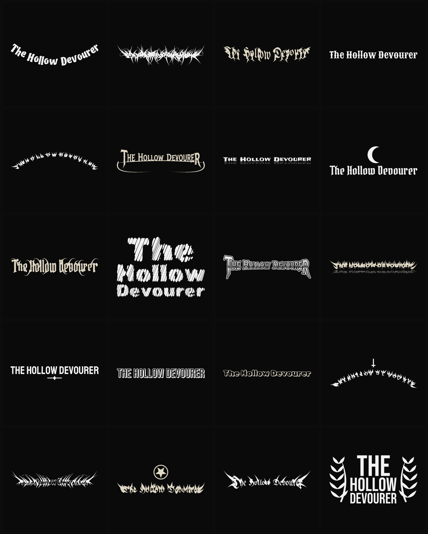 Twenty The Hollow Devourer band logo ideas — different faces, treatments and spike settings