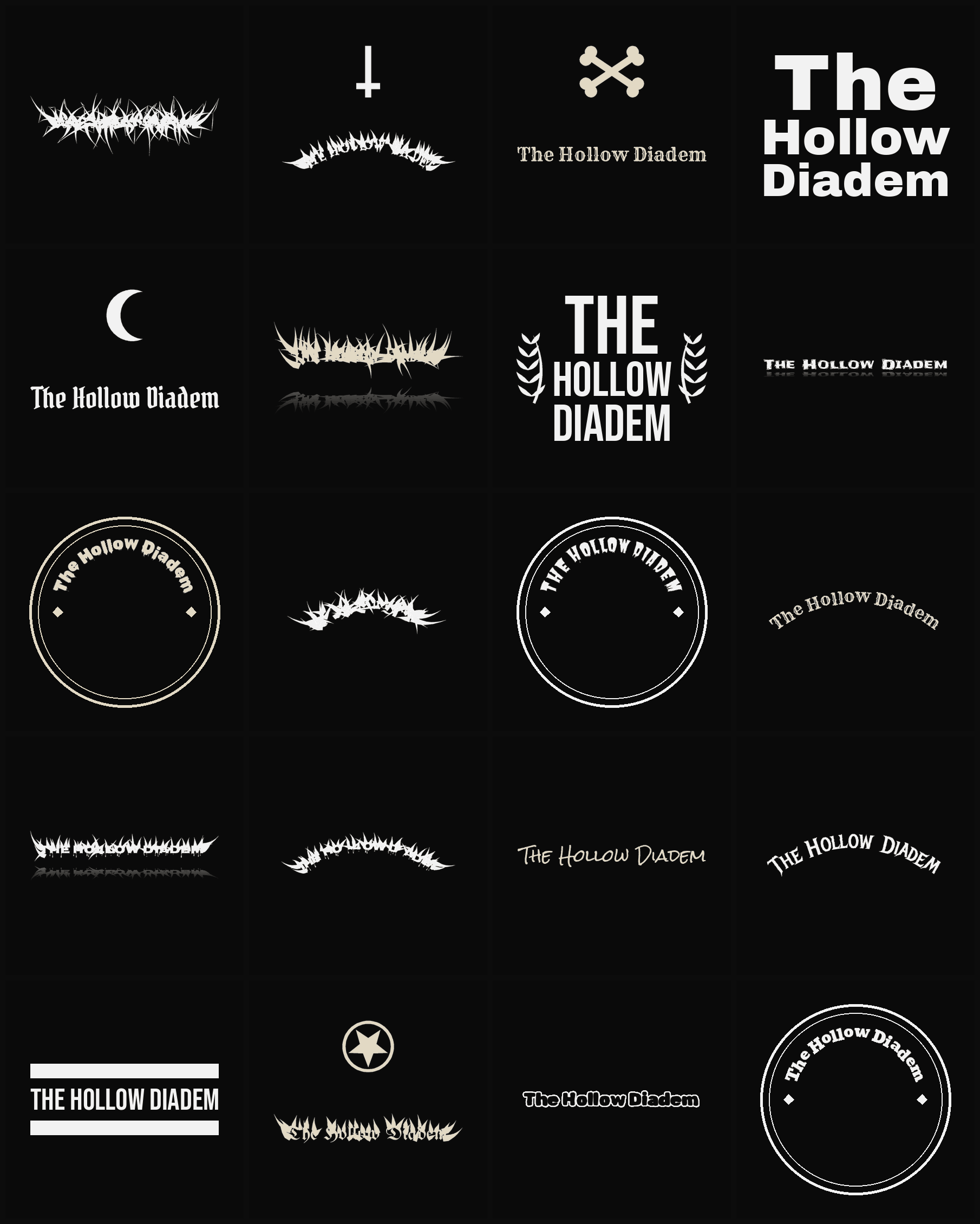 Twenty The Hollow Diadem band logo ideas — different faces, treatments and spike settings