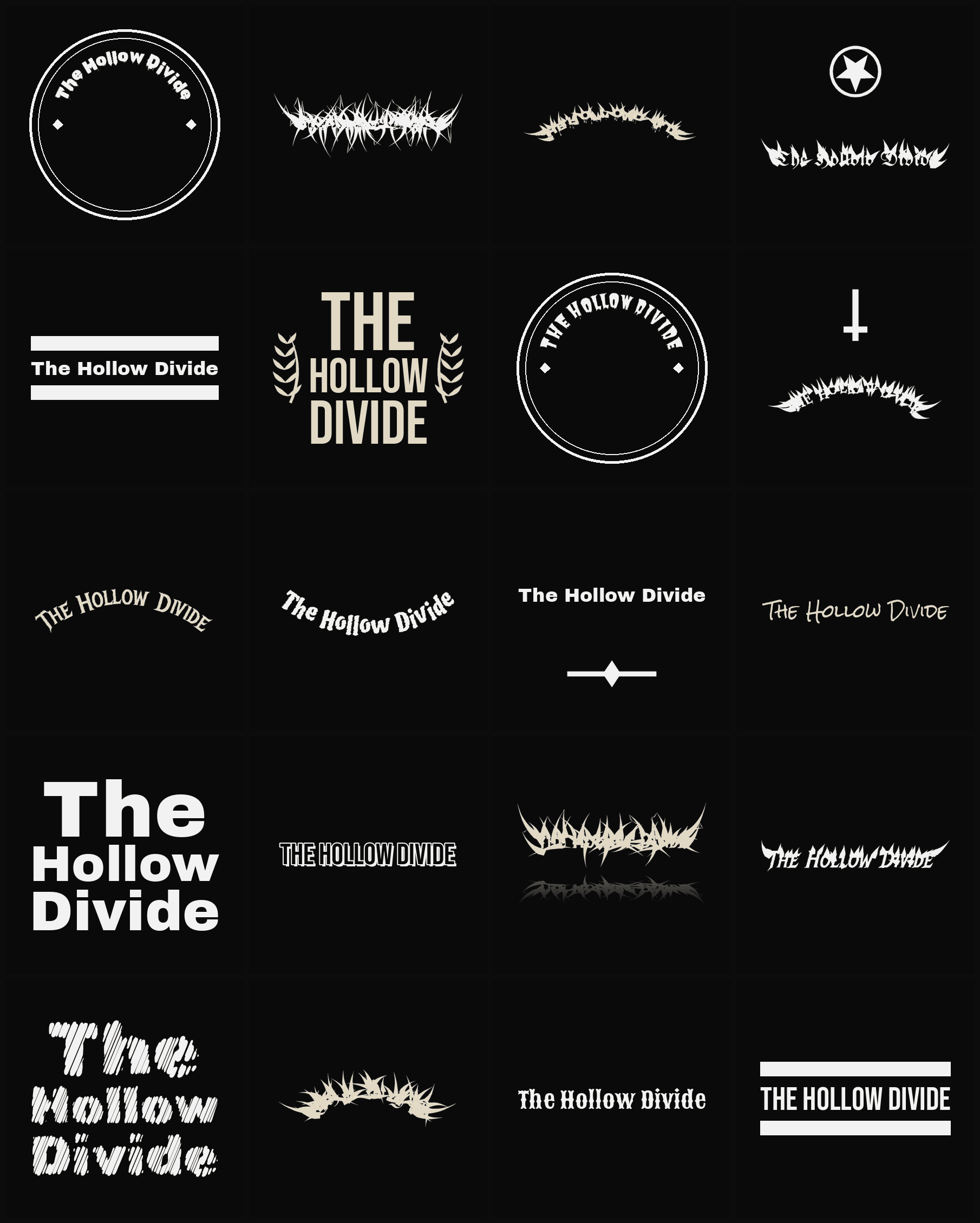 Twenty The Hollow Divide band logo ideas — different faces, treatments and spike settings