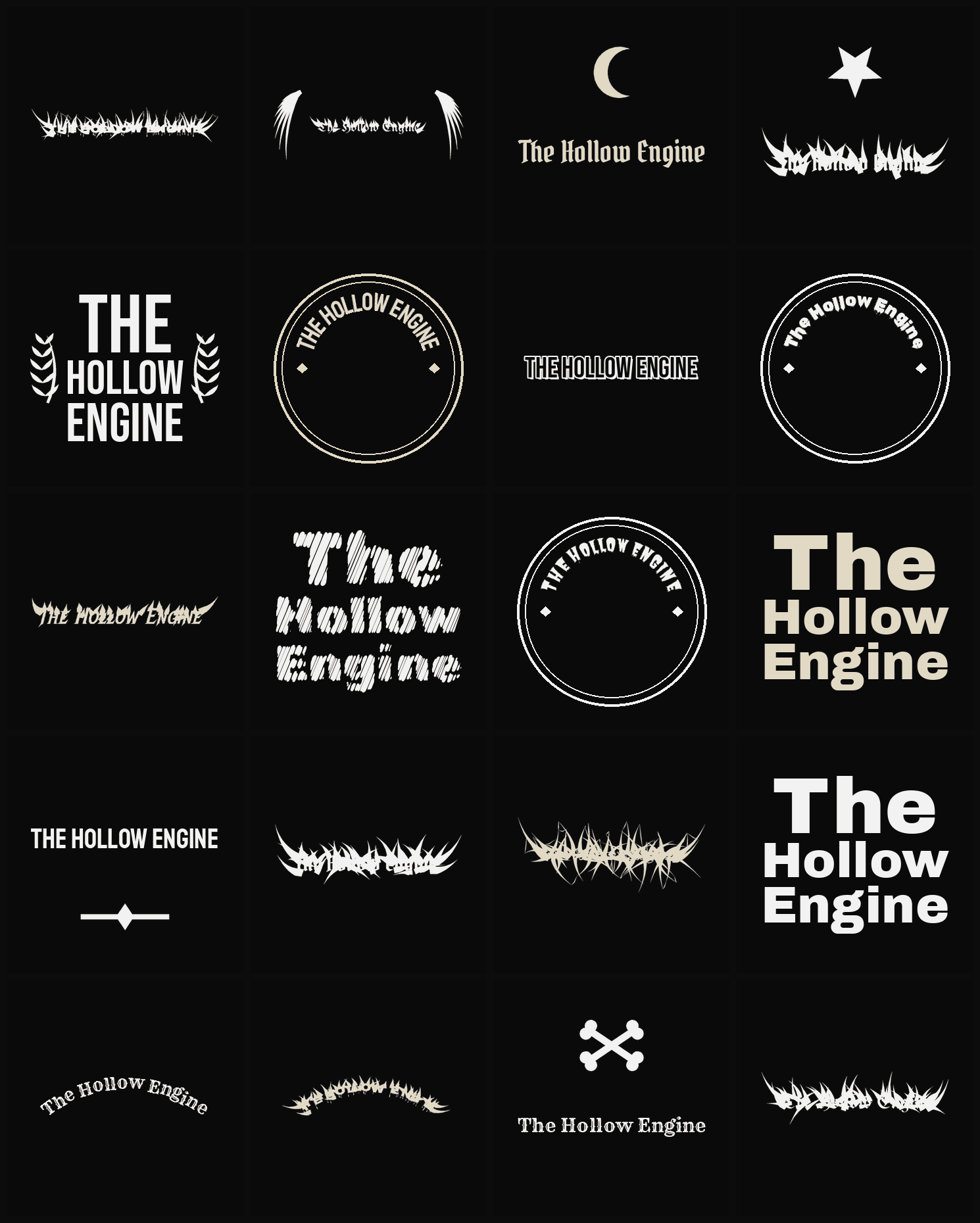 Twenty The Hollow Engine band logo ideas — different faces, treatments and spike settings