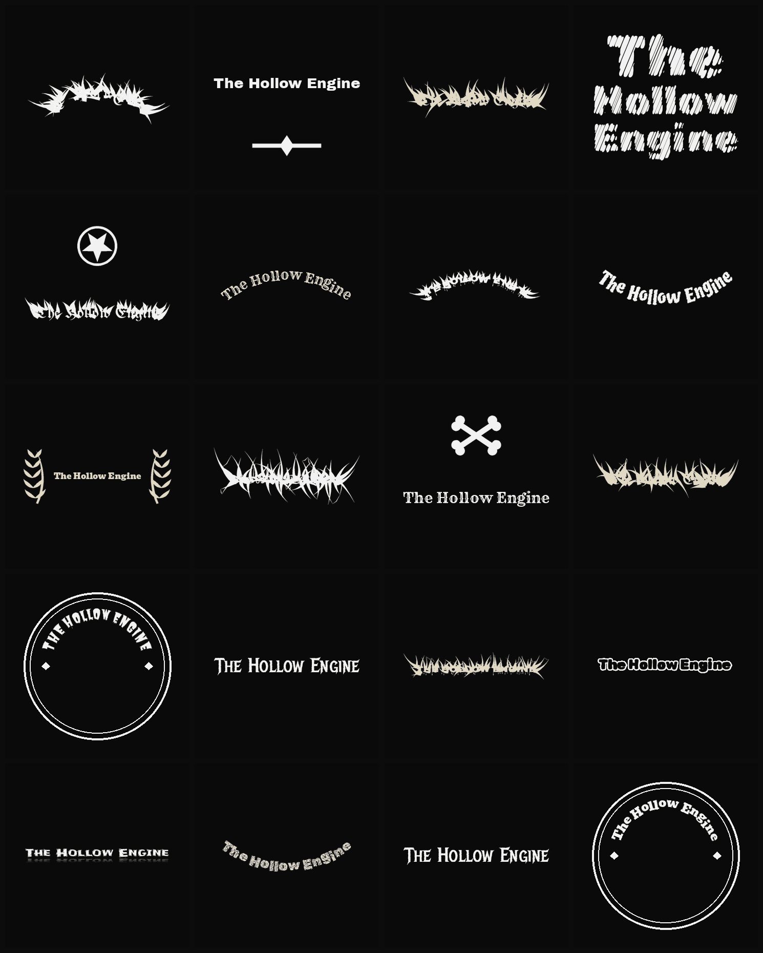 Twenty The Hollow Engine band logo ideas — different faces, treatments and spike settings