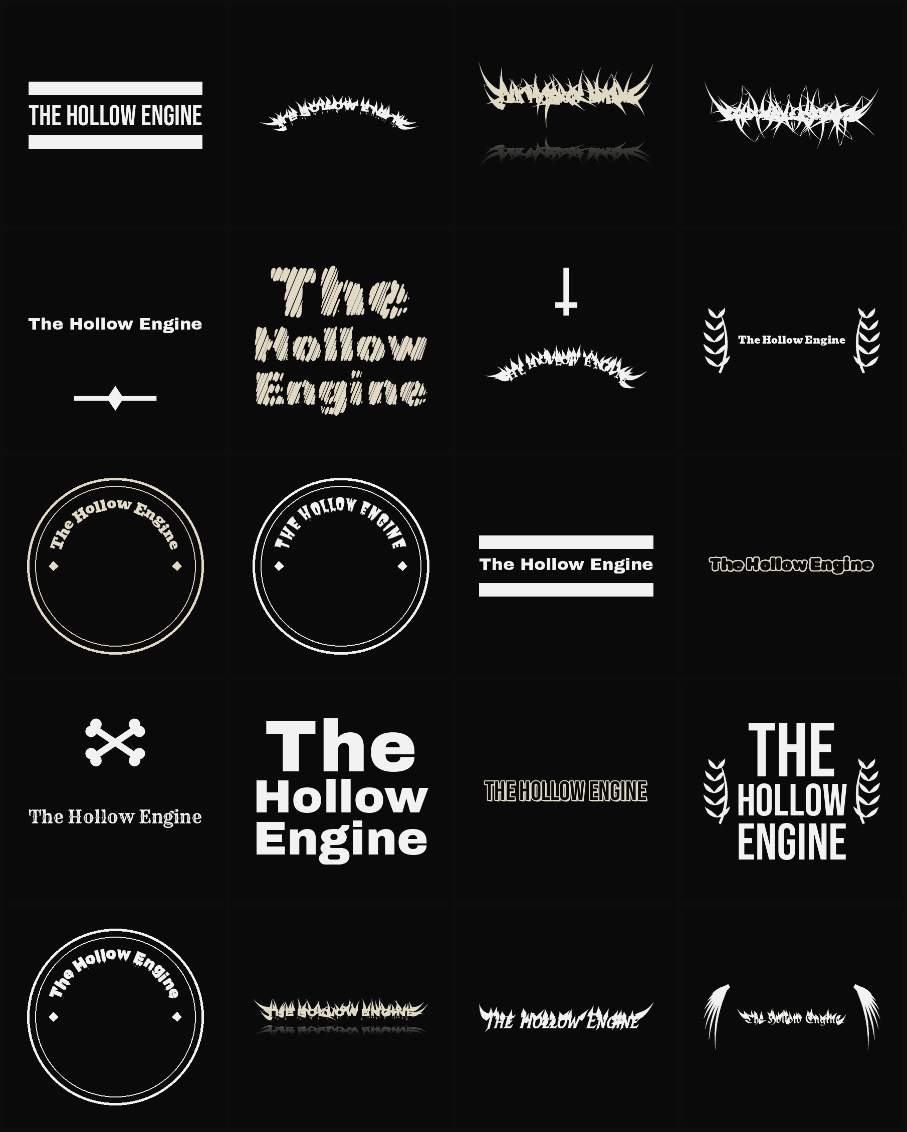 Twenty The Hollow Engine band logo ideas — different faces, treatments and spike settings