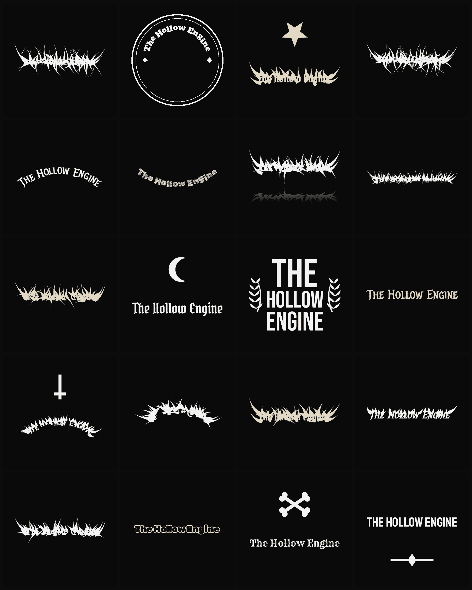 Twenty The Hollow Engine band logo ideas — different faces, treatments and spike settings