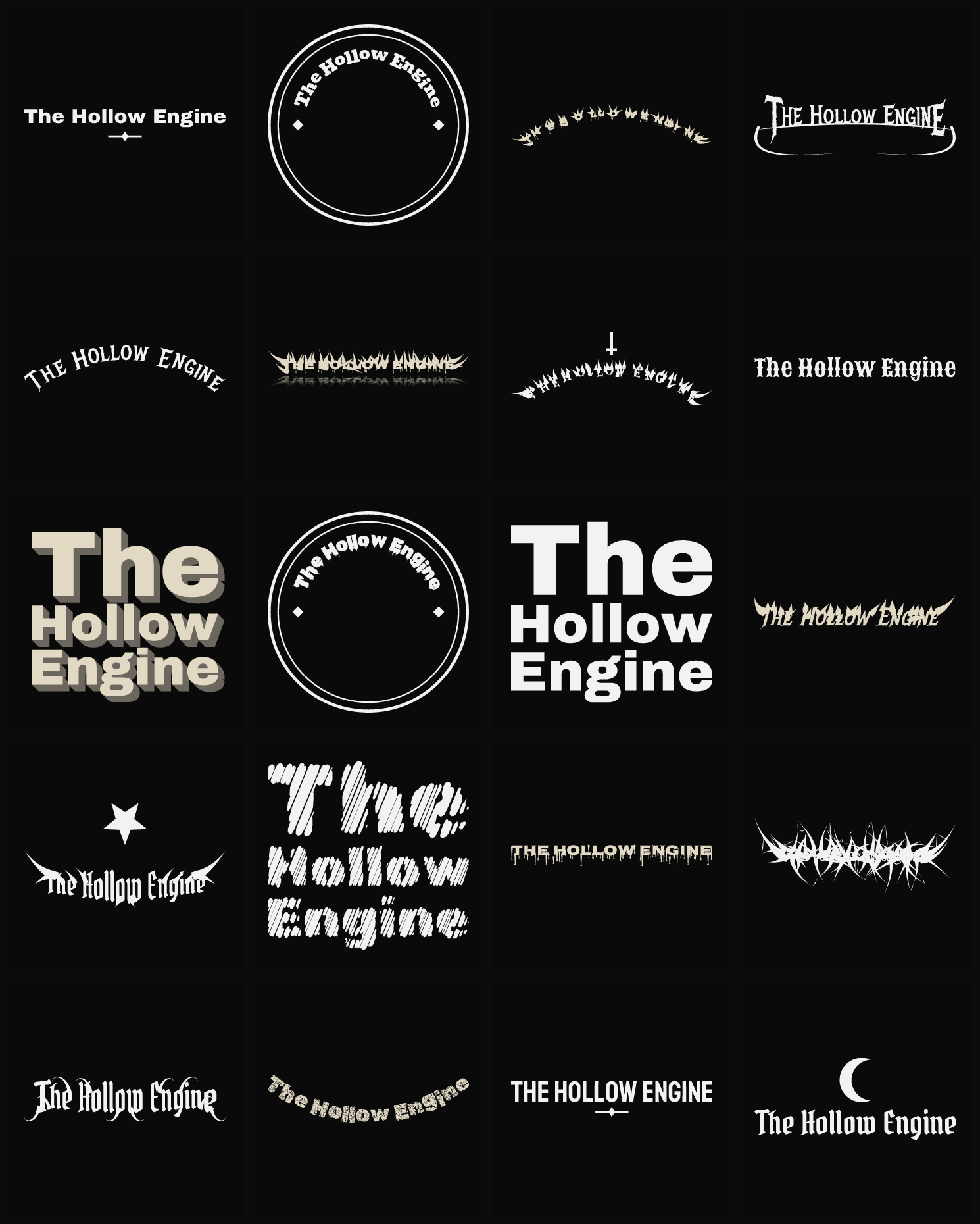 Twenty The Hollow Engine band logo ideas — different faces, treatments and spike settings