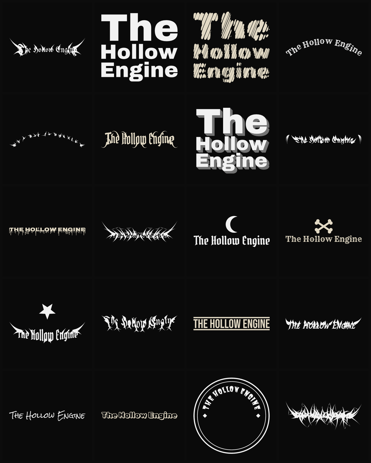 Twenty The Hollow Engine band logo ideas — different faces, treatments and spike settings