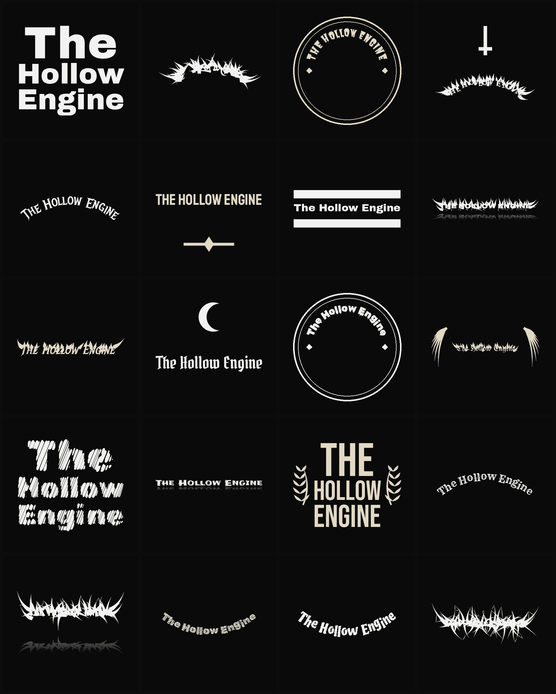 Twenty The Hollow Engine band logo ideas — different faces, treatments and spike settings