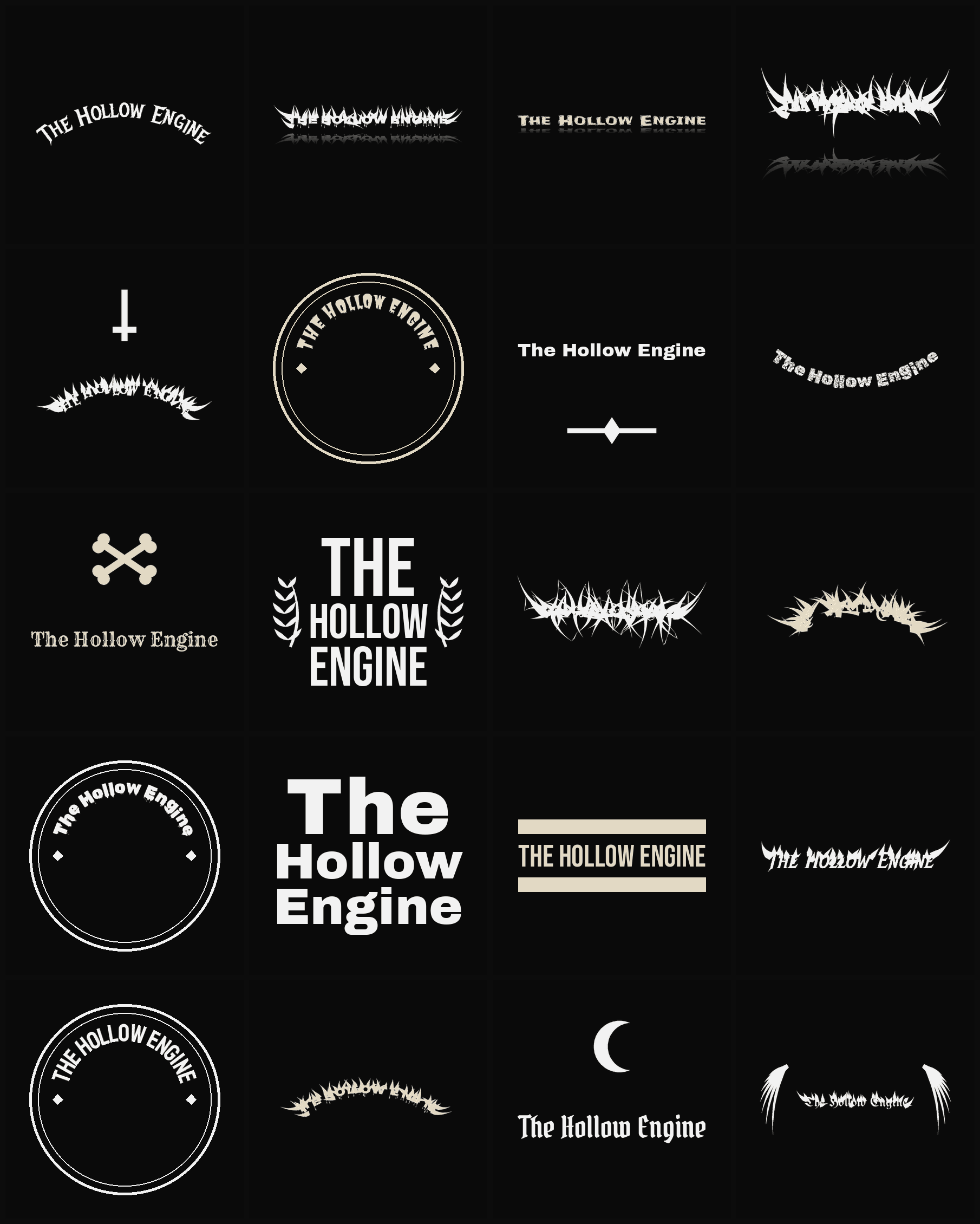 Twenty The Hollow Engine band logo ideas — different faces, treatments and spike settings