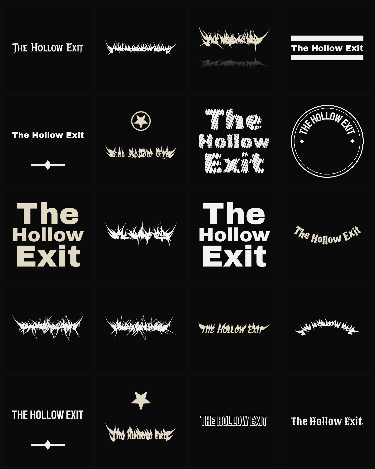 Twenty The Hollow Exit band logo ideas — different faces, treatments and spike settings