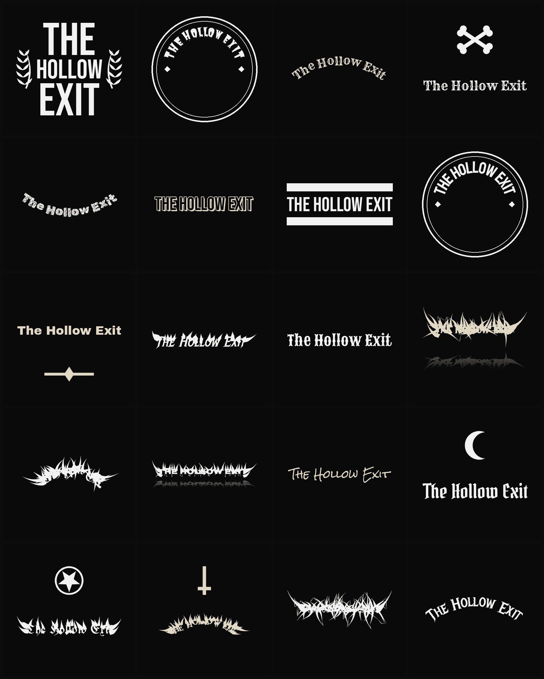 Twenty The Hollow Exit band logo ideas — different faces, treatments and spike settings