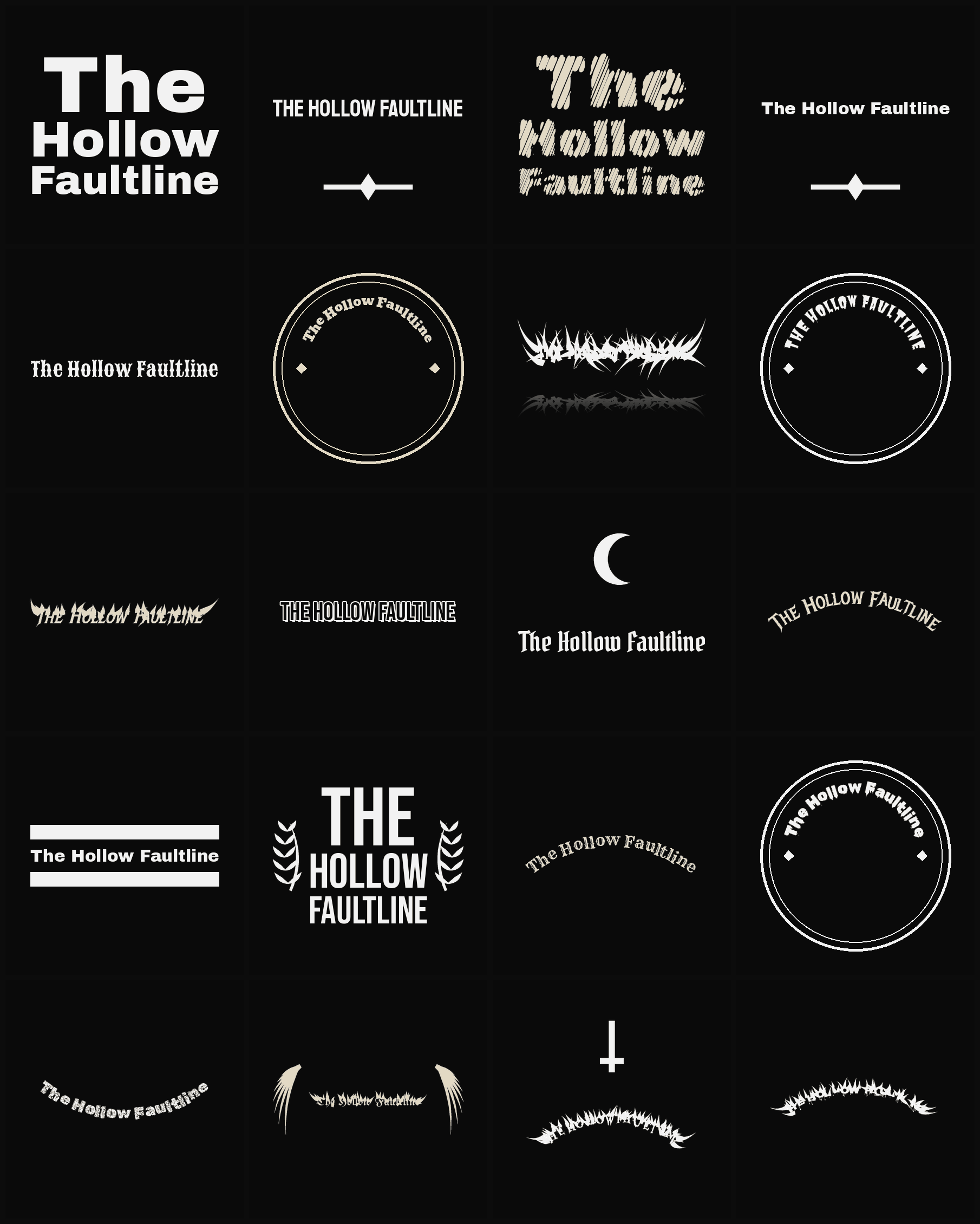 Twenty The Hollow Faultline band logo ideas — different faces, treatments and spike settings