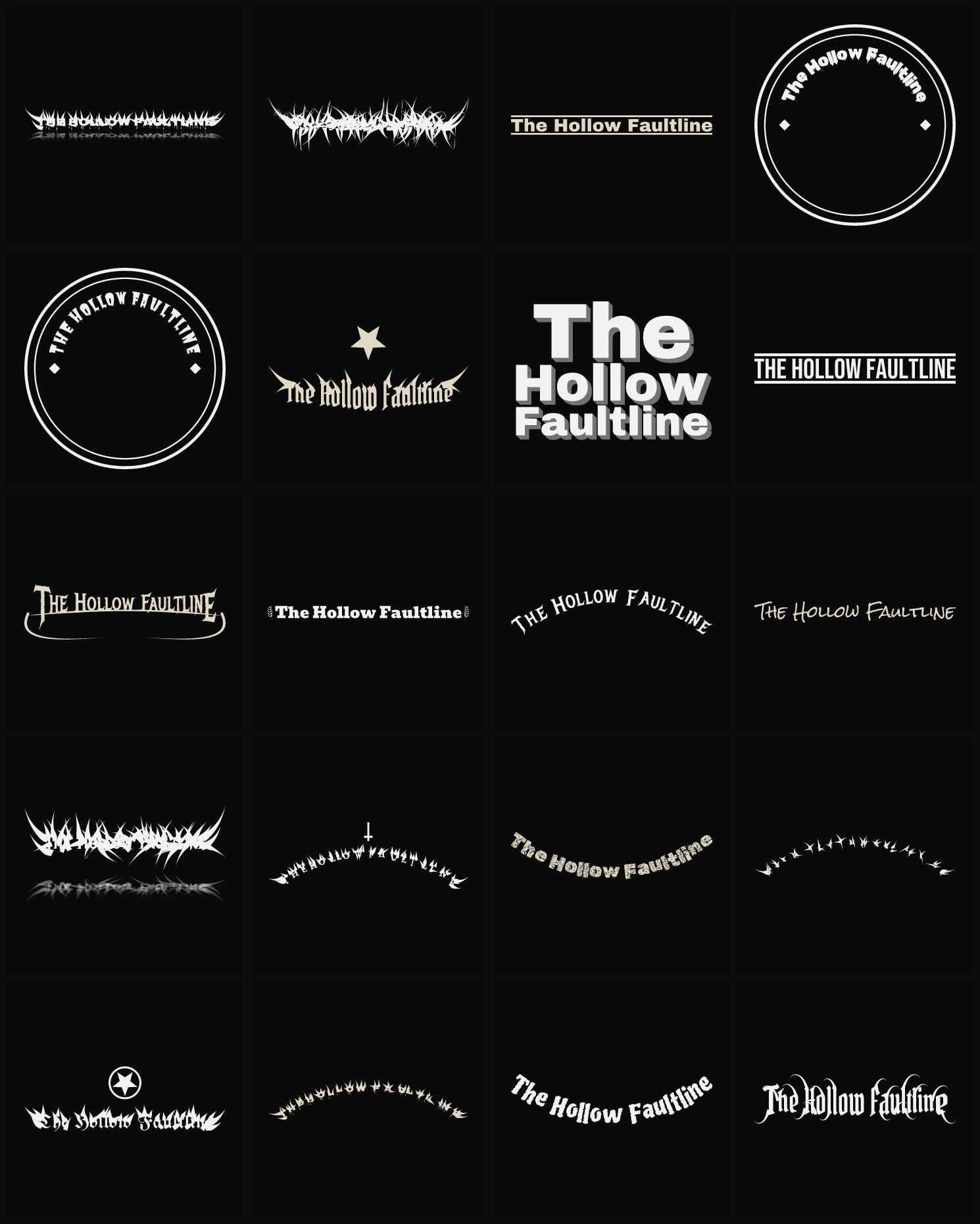 Twenty The Hollow Faultline band logo ideas — different faces, treatments and spike settings