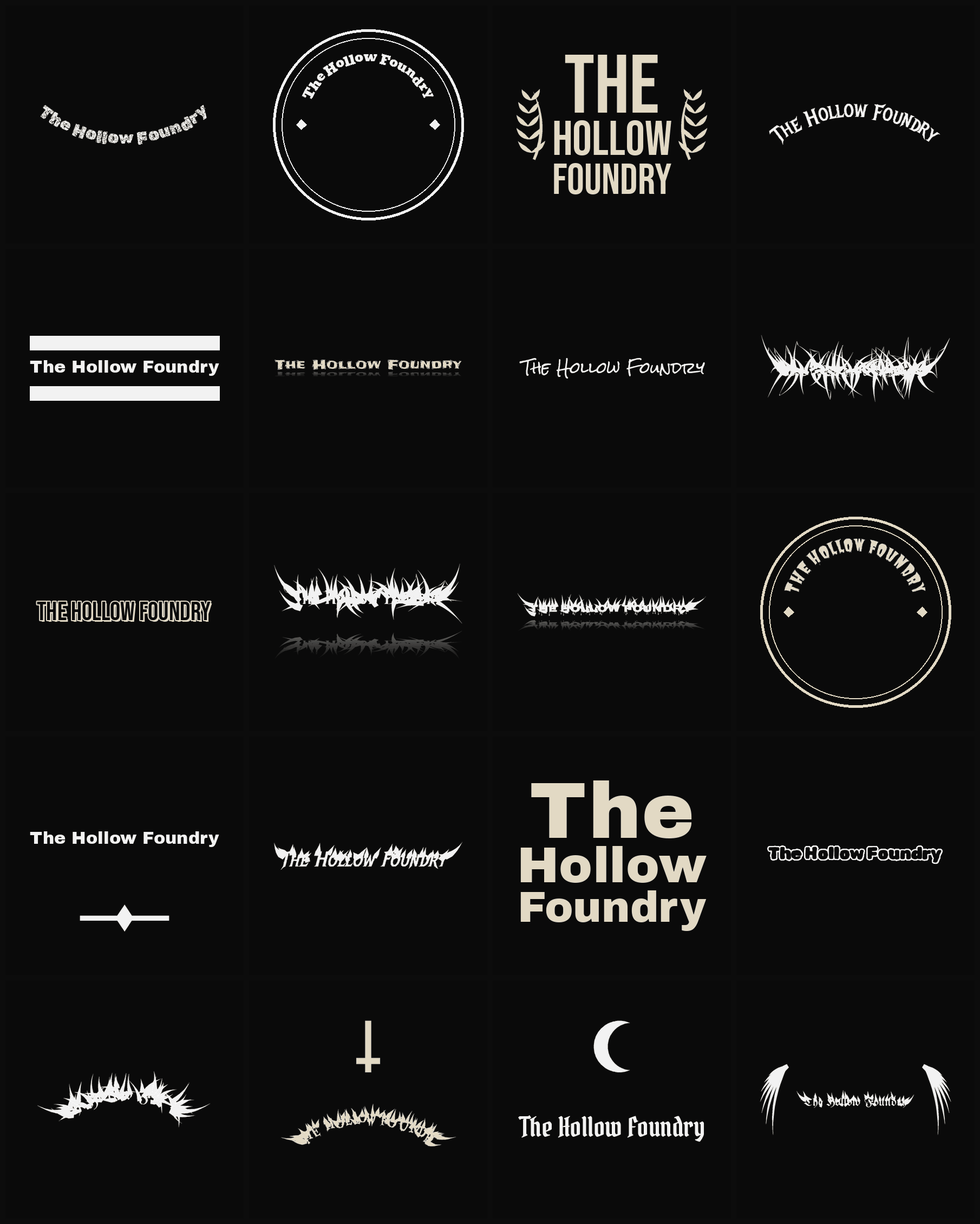 Twenty The Hollow Foundry band logo ideas — different faces, treatments and spike settings