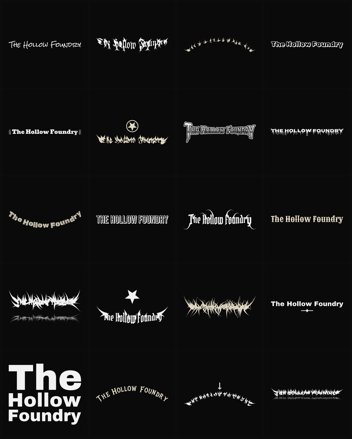 Twenty The Hollow Foundry band logo ideas — different faces, treatments and spike settings
