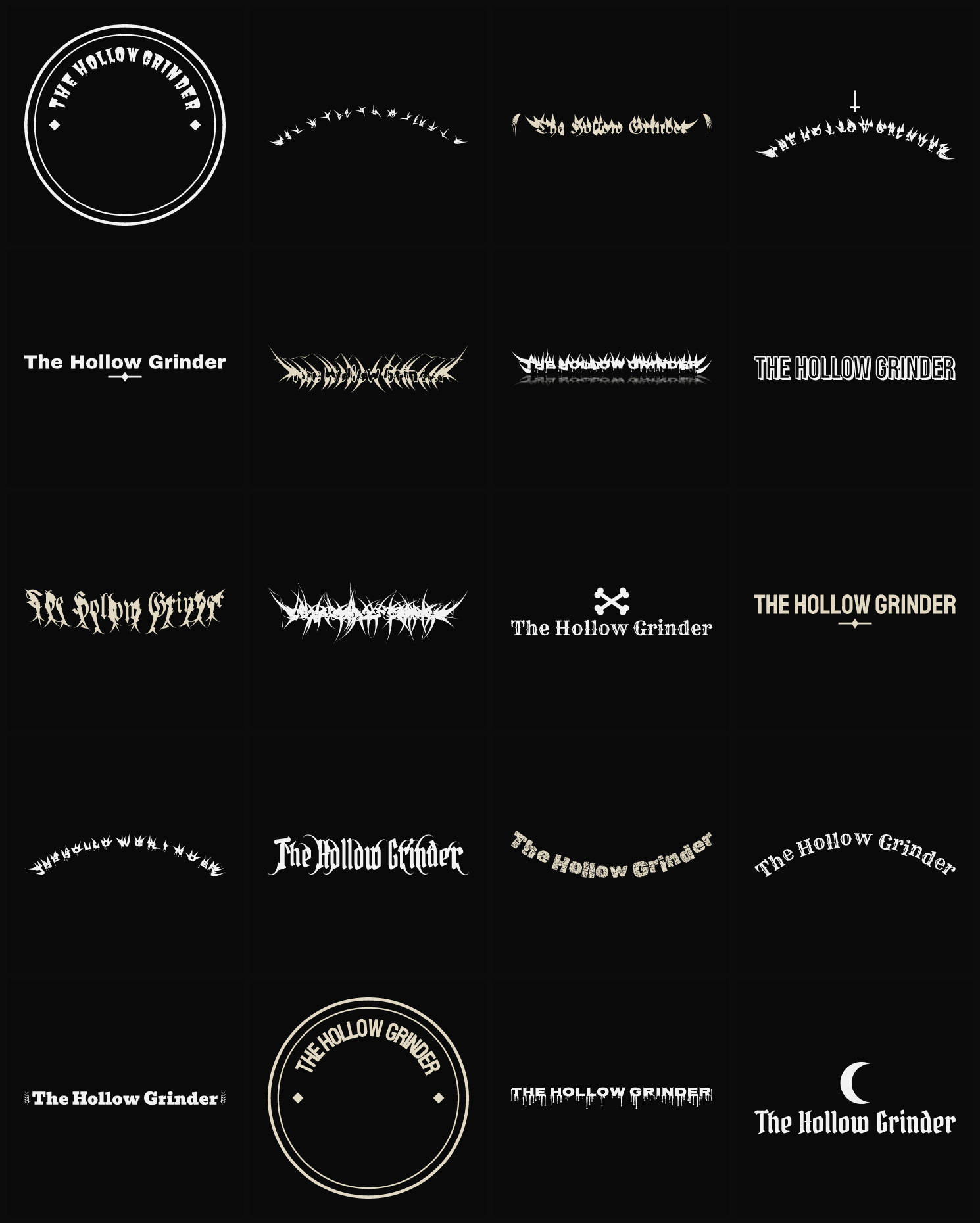 Twenty The Hollow Grinder band logo ideas — different faces, treatments and spike settings
