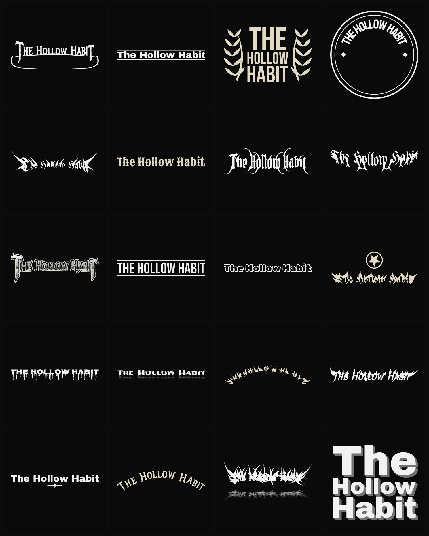 Twenty The Hollow Habit band logo ideas — different faces, treatments and spike settings