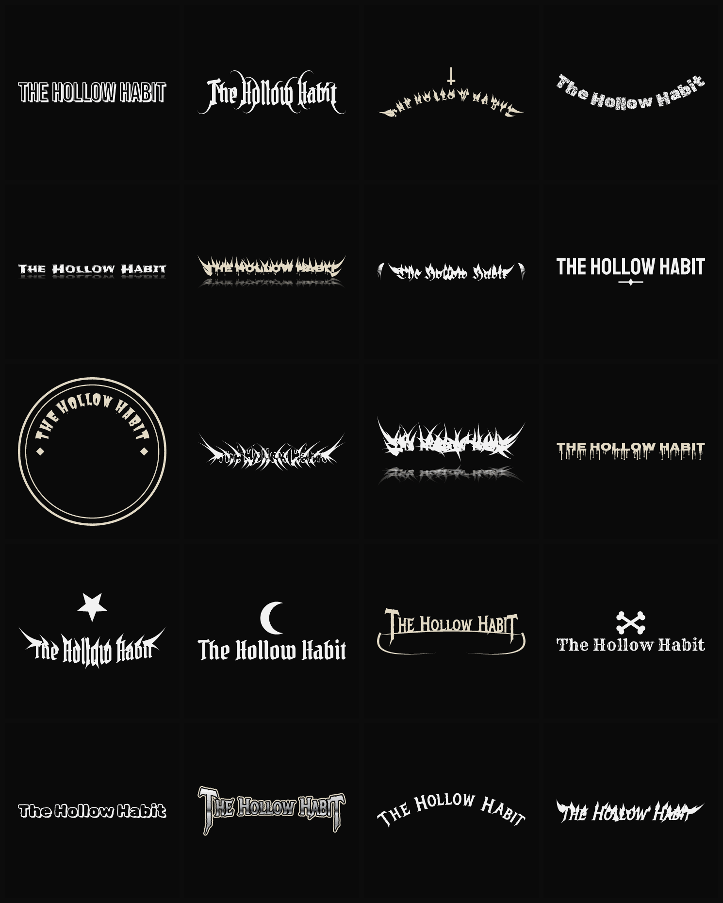Twenty The Hollow Habit band logo ideas — different faces, treatments and spike settings