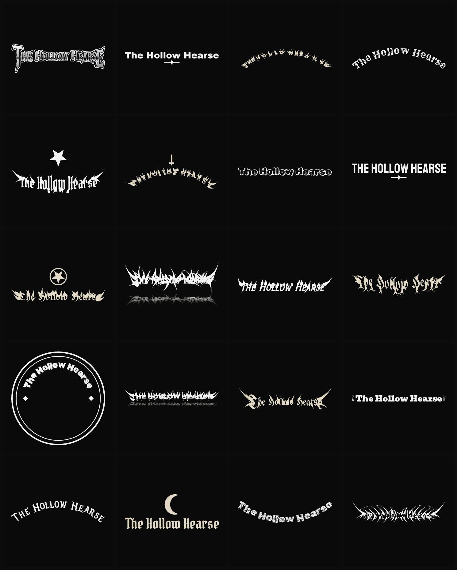 Twenty The Hollow Hearse band logo ideas — different faces, treatments and spike settings
