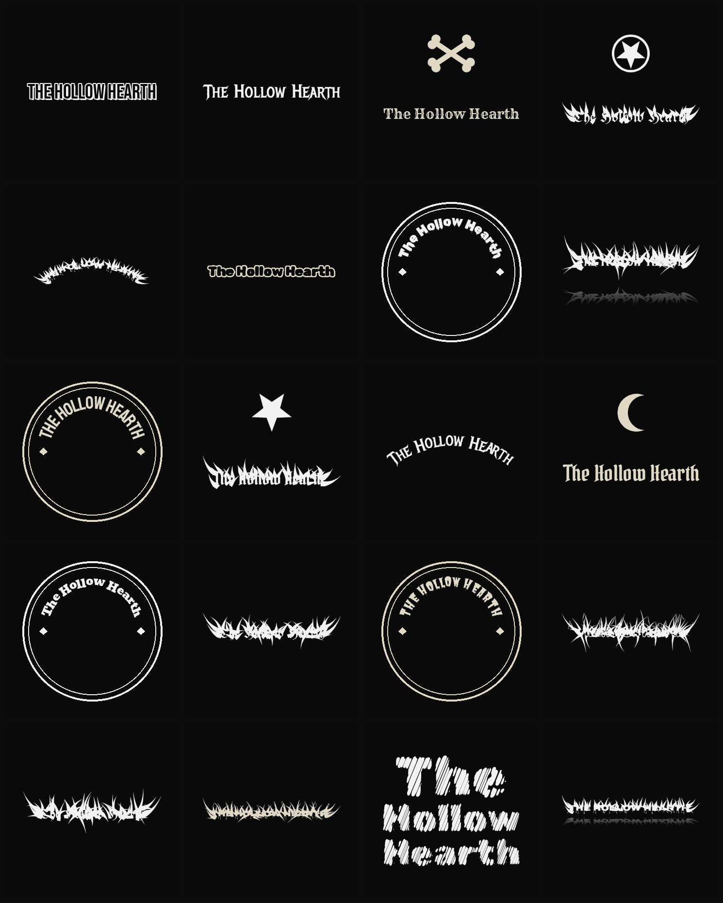 Twenty The Hollow Hearth band logo ideas — different faces, treatments and spike settings