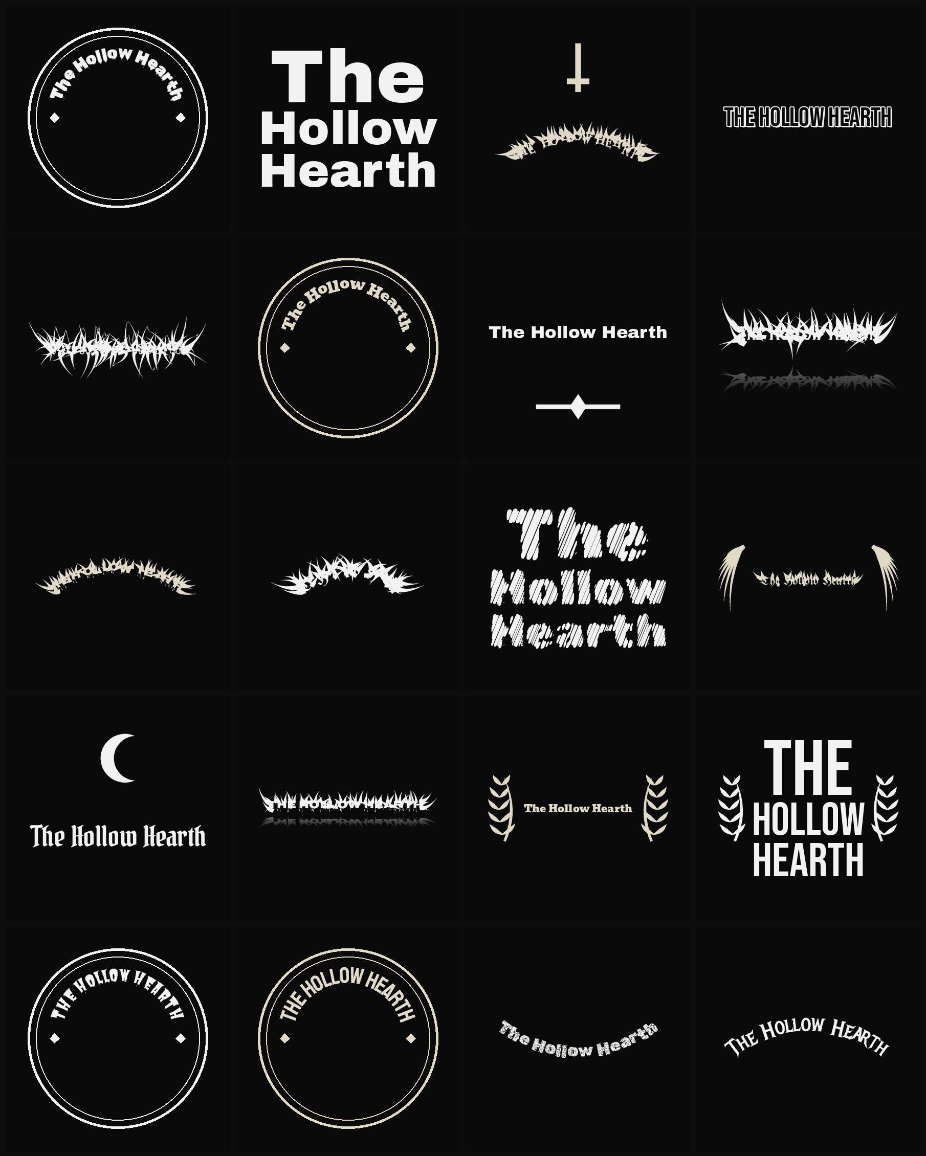 Twenty The Hollow Hearth band logo ideas — different faces, treatments and spike settings