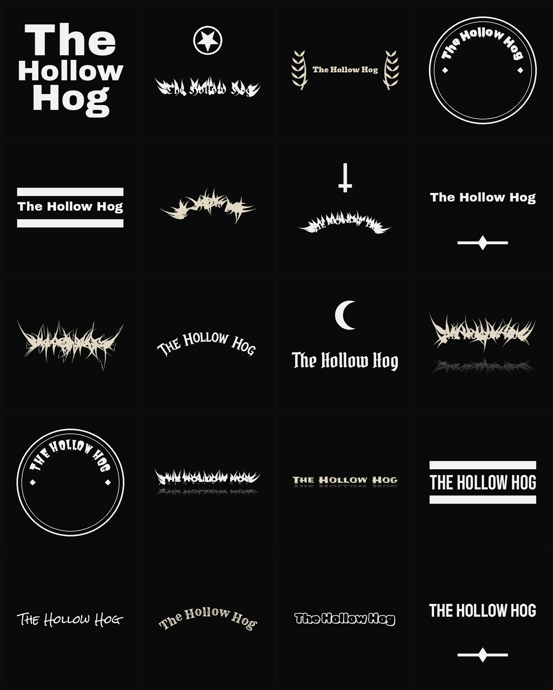 Twenty The Hollow Hog band logo ideas — different faces, treatments and spike settings