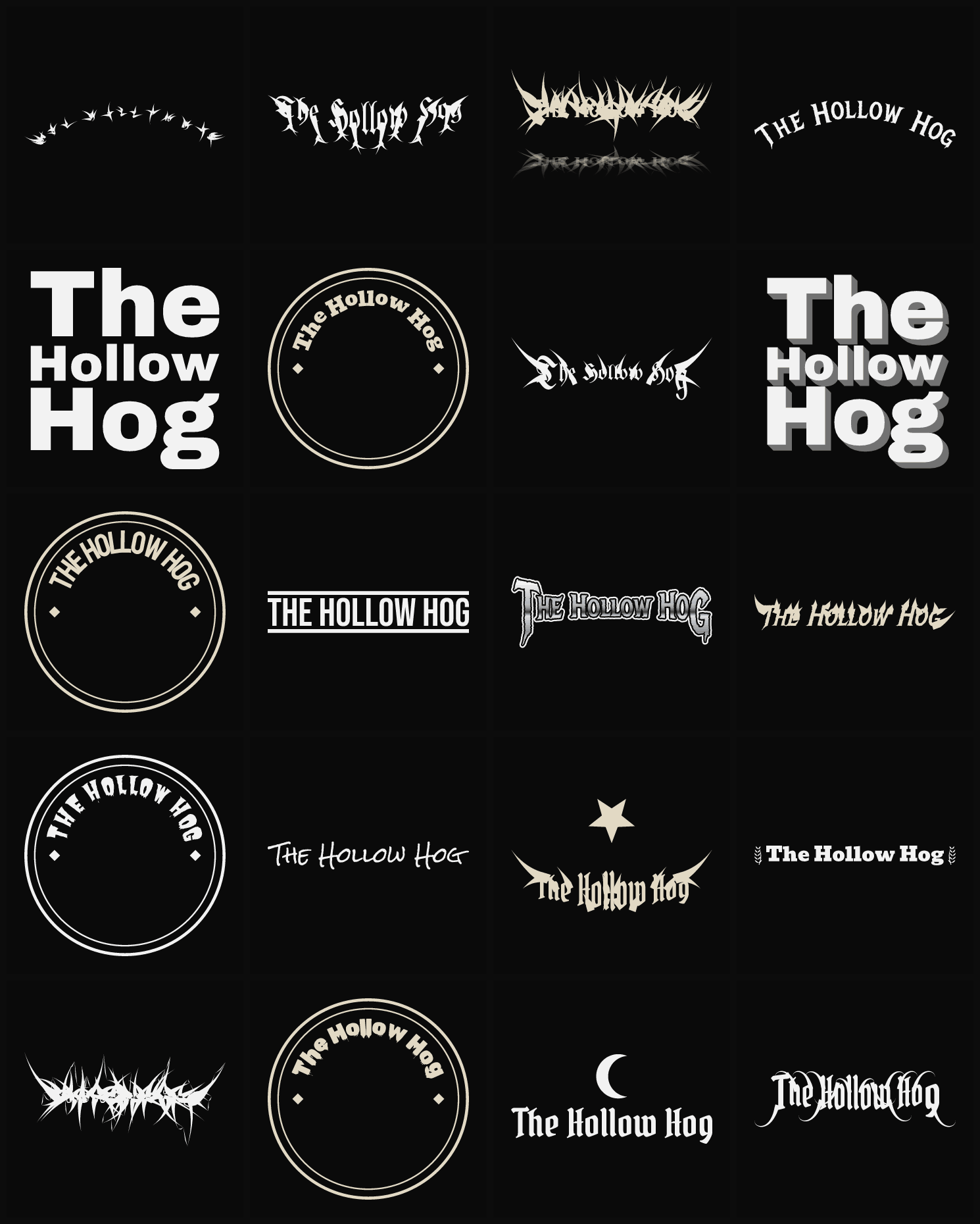 Twenty The Hollow Hog band logo ideas — different faces, treatments and spike settings