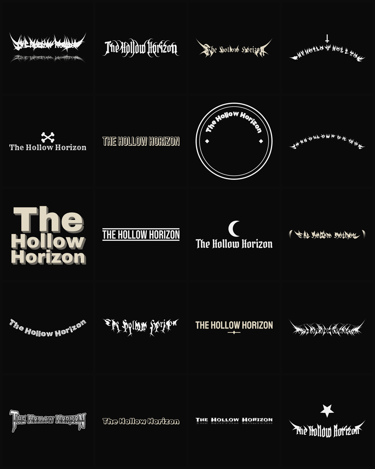 Twenty The Hollow Horizon band logo ideas — different faces, treatments and spike settings
