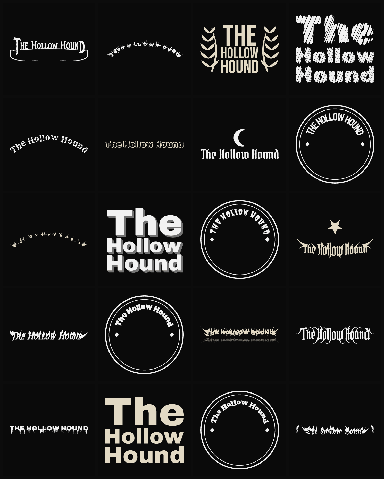 Twenty The Hollow Hound band logo ideas — different faces, treatments and spike settings