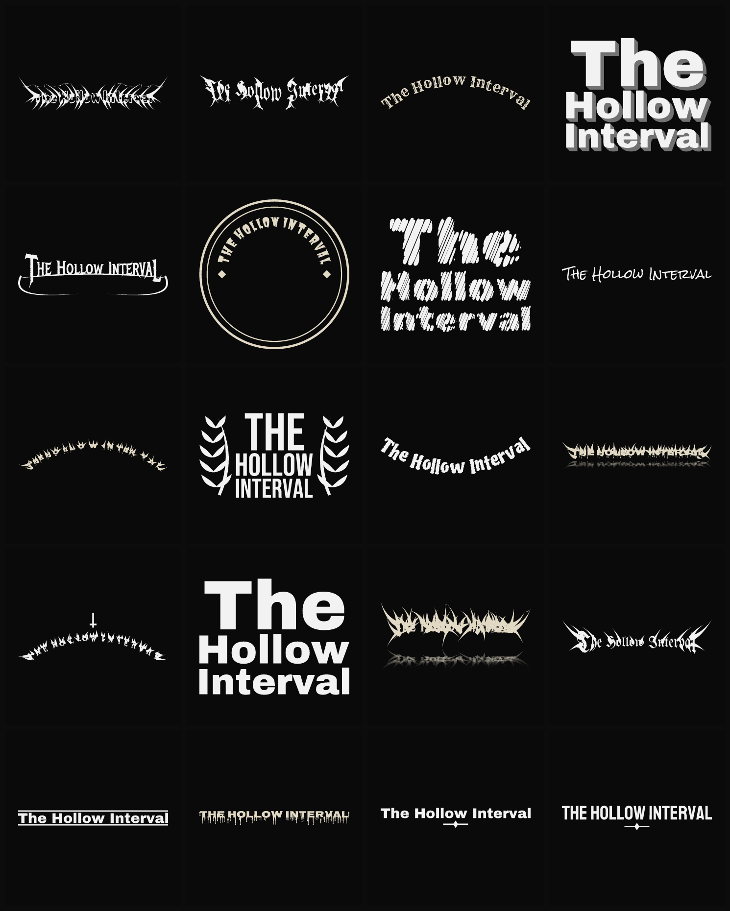 Twenty The Hollow Interval band logo ideas — different faces, treatments and spike settings