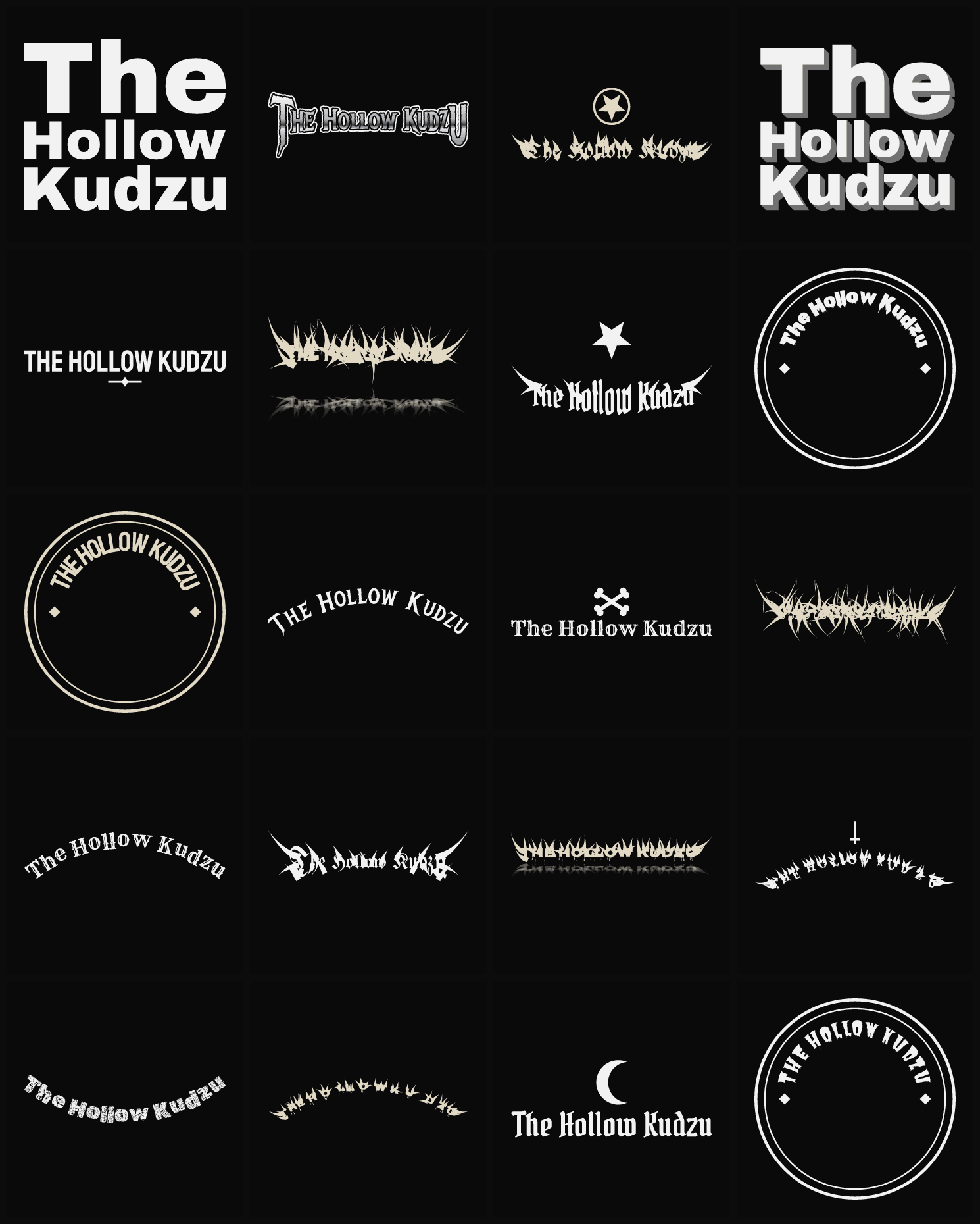 Twenty The Hollow Kudzu band logo ideas — different faces, treatments and spike settings