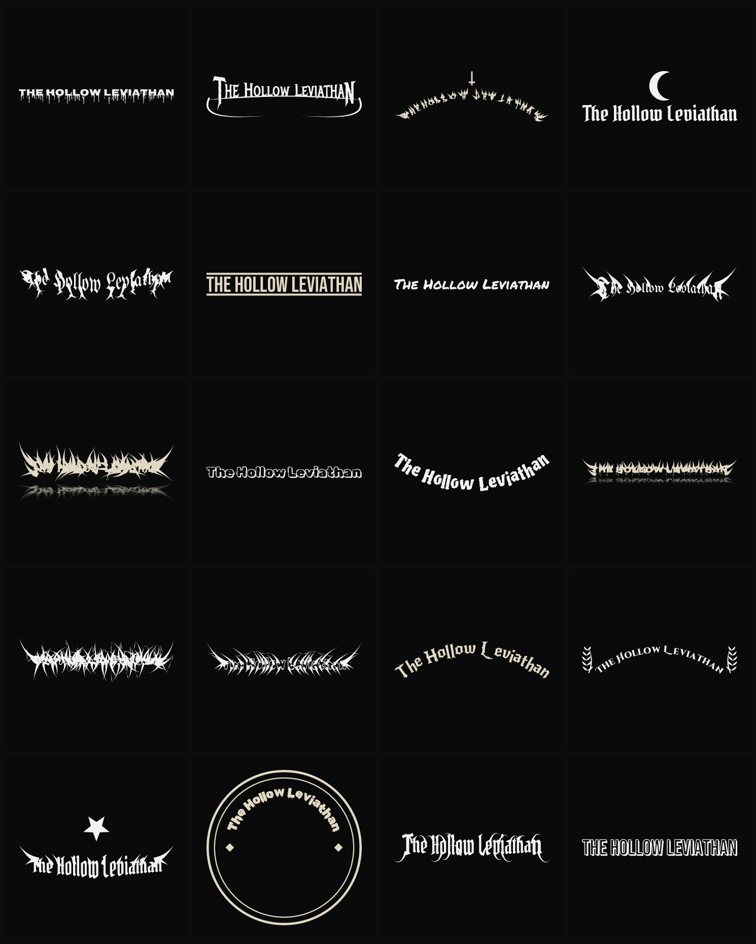 Twenty The Hollow Leviathan band logo ideas — different faces, treatments and spike settings