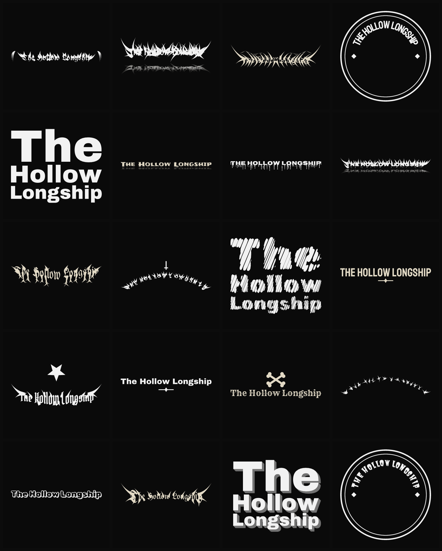 Twenty The Hollow Longship band logo ideas — different faces, treatments and spike settings